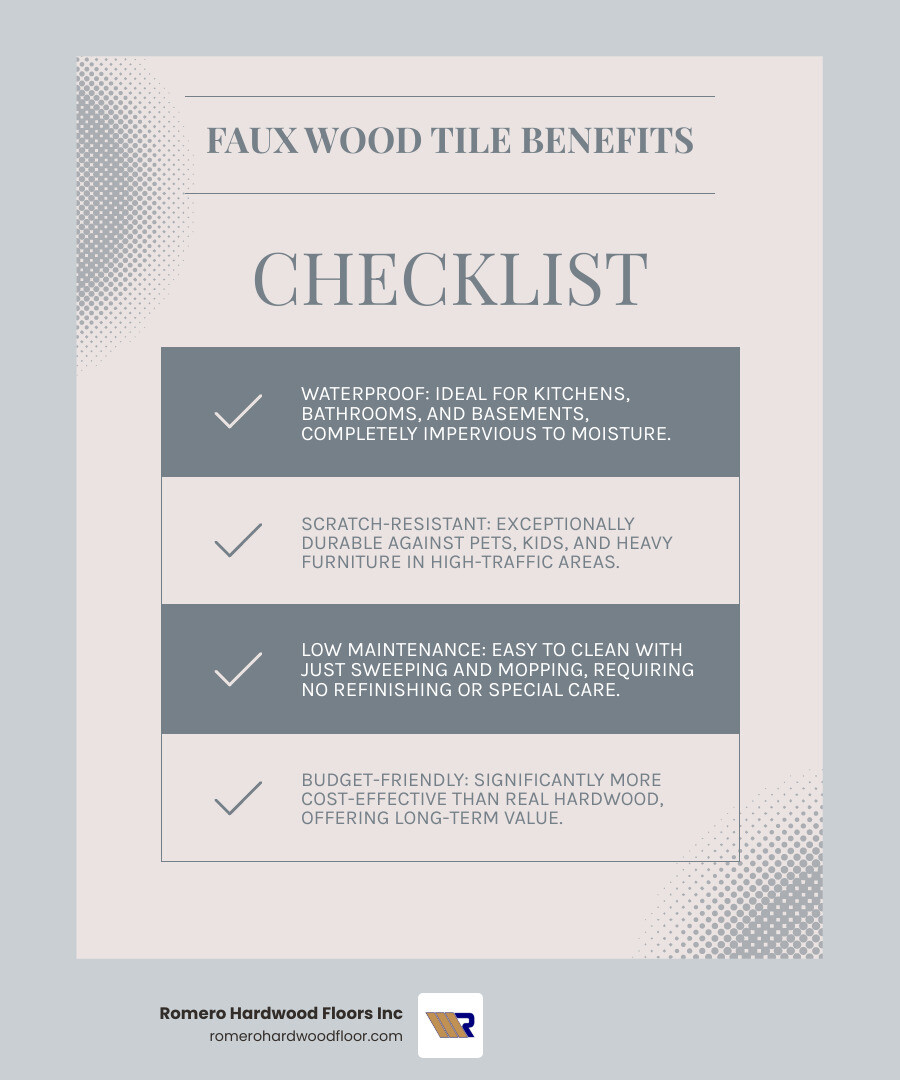 Infographic showing key benefits of faux wood tile flooring: 100% Waterproof with blue water droplet icon, Scratch-Resistant with claw mark icon, Low Maintenance with easy cleaning icon, and Budget-Friendly with dollar sign icon - faux wood tile floor infographic checklist-light-blue-grey Infographic showing key benefits of faux wood tile flooring: 100% Waterproof with blue water droplet icon, Scratch-Resistant with claw mark icon, Low Maintenance with easy cleaning icon, and Budget-Friendly with dollar sign icon - faux wood tile floor infographic checklist-light-blue-grey