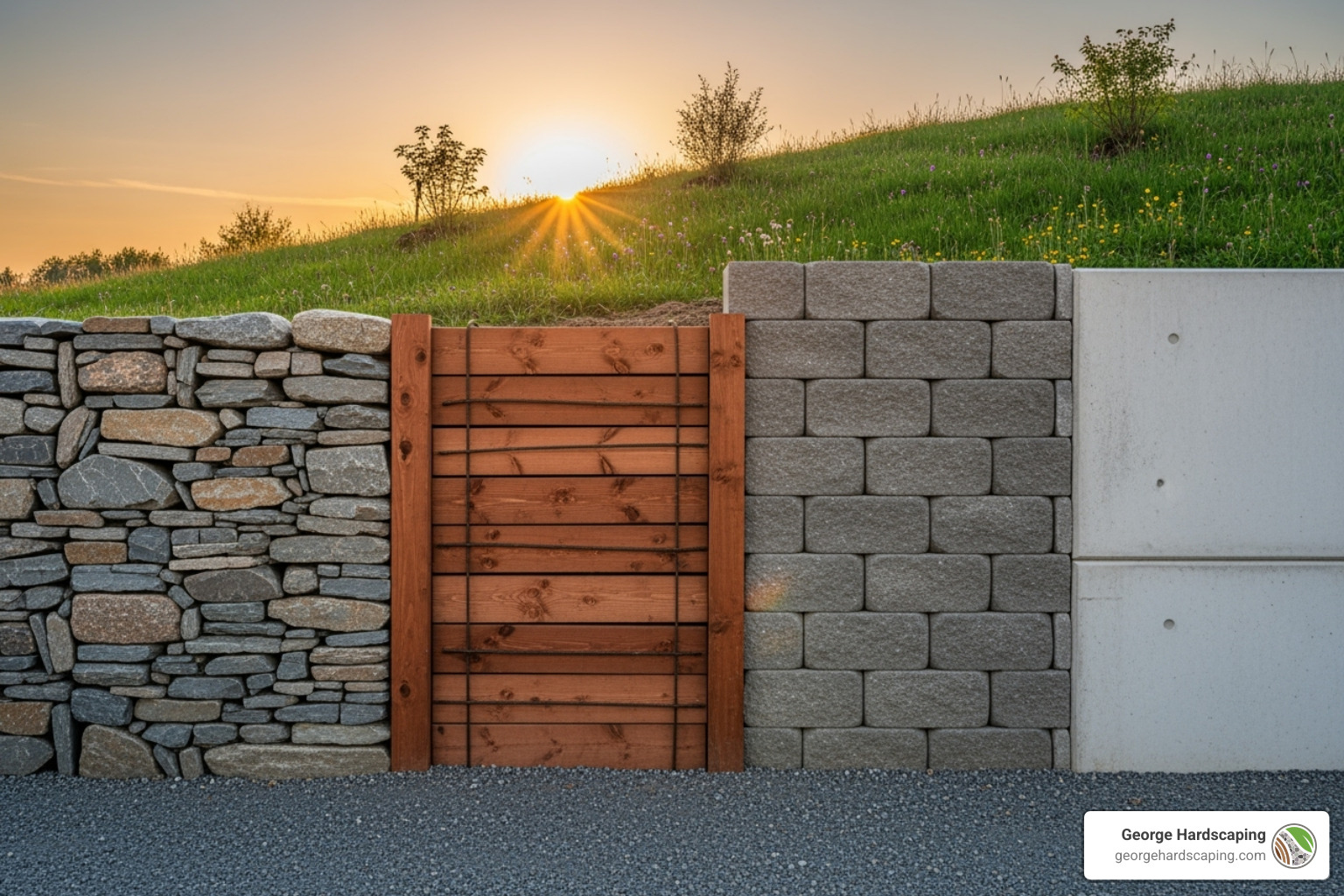 Samples of retaining wall materials laid out for cost and durability comparison | retaining wall replacement cost