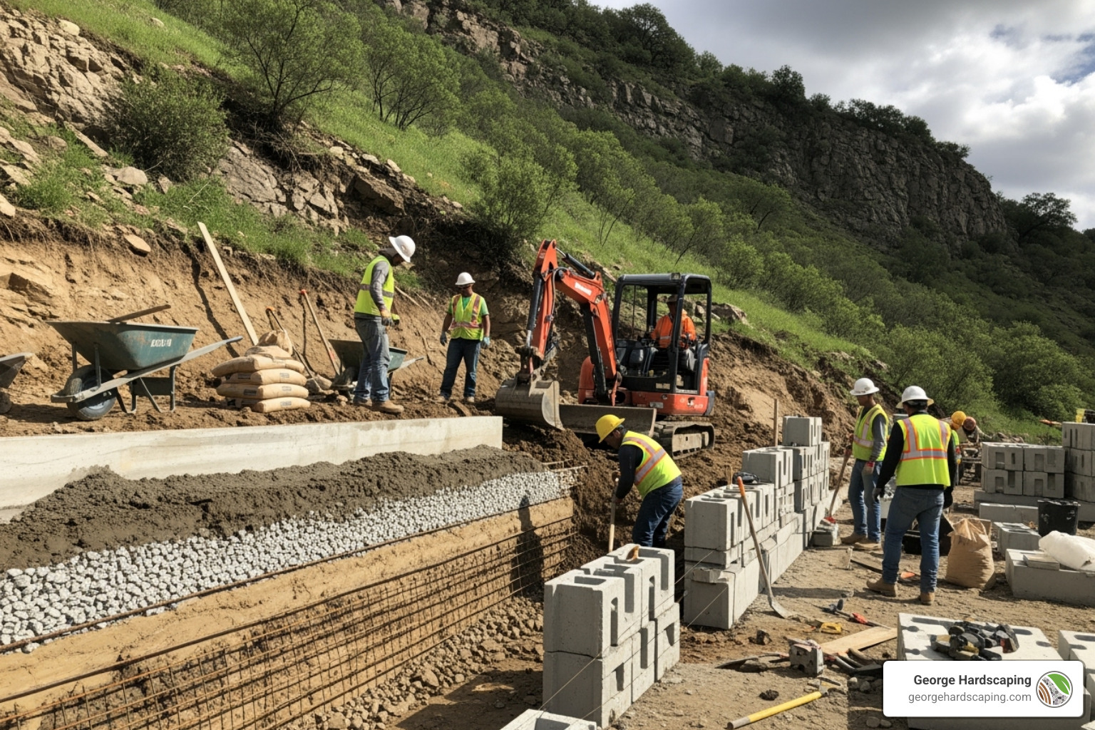 Retaining wall construction on a steep slope showing stepped footing, drainage pipe, and gravel backfill | retaining wall replacement cost