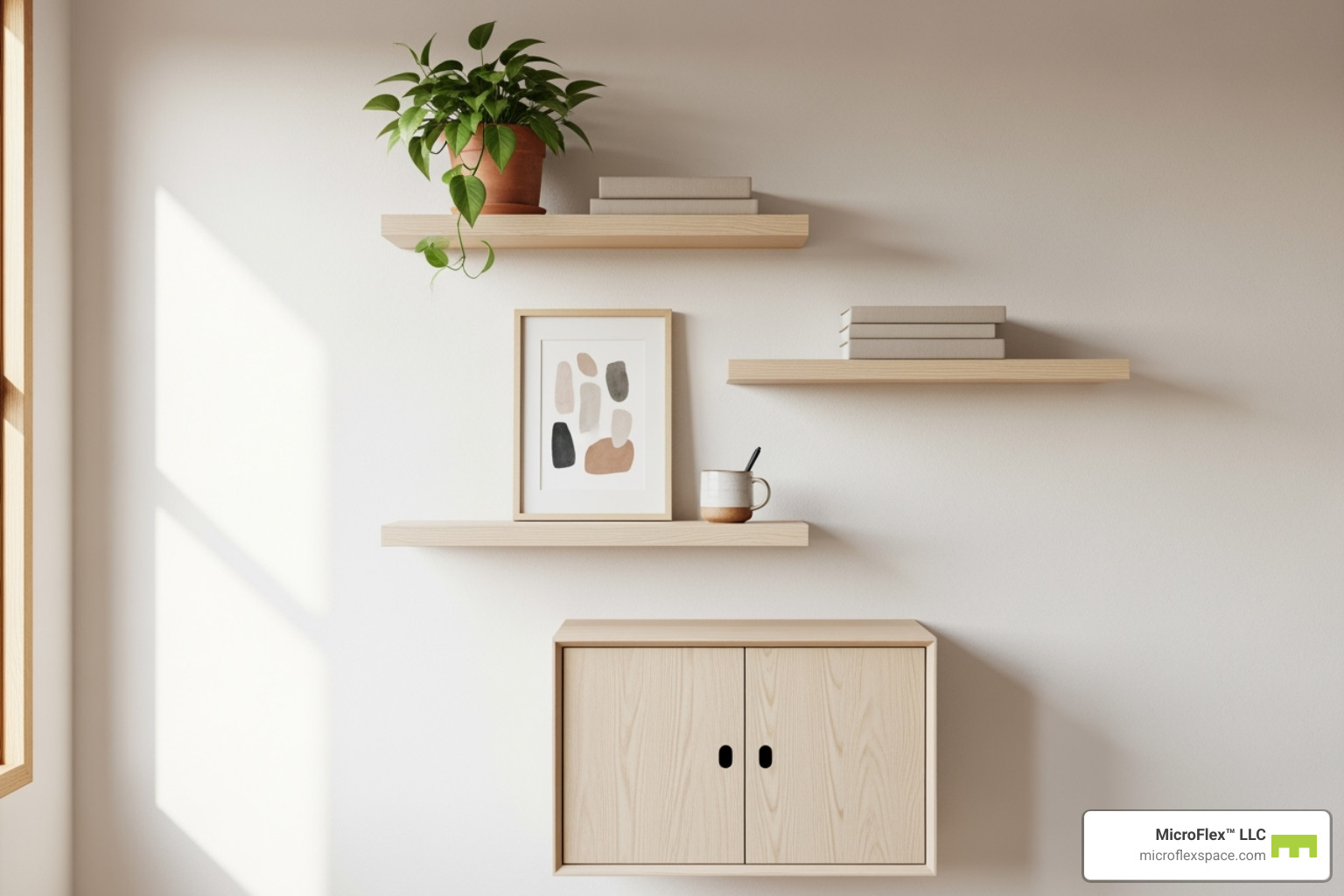 wall with floating shelves and a small cabinet - small office organizer ideas wall with floating shelves and a small cabinet - small office organizer ideas