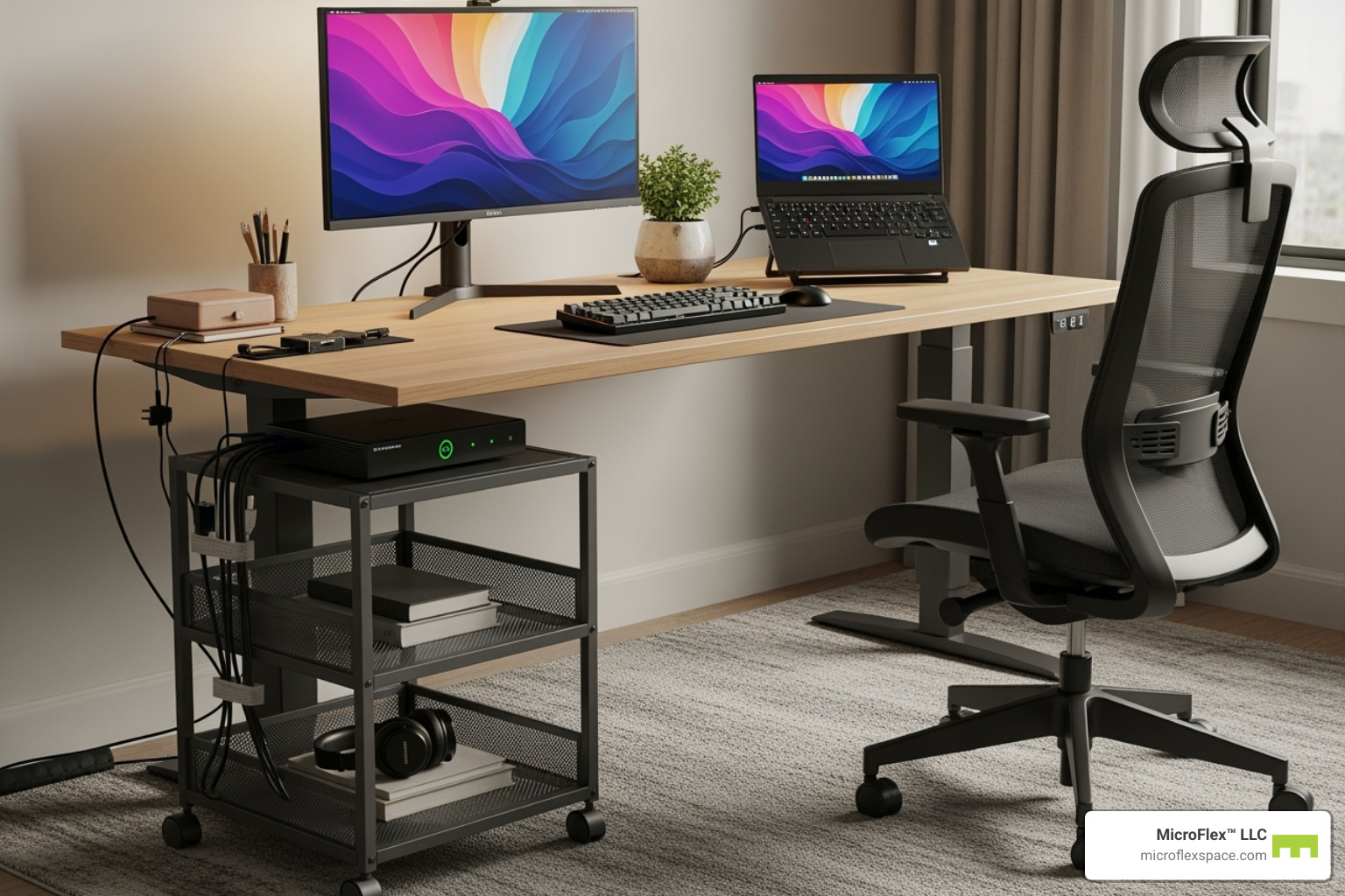 a desk with a rolling cart and cable box - small office organizer ideas a desk with a rolling cart and cable box - small office organizer ideas