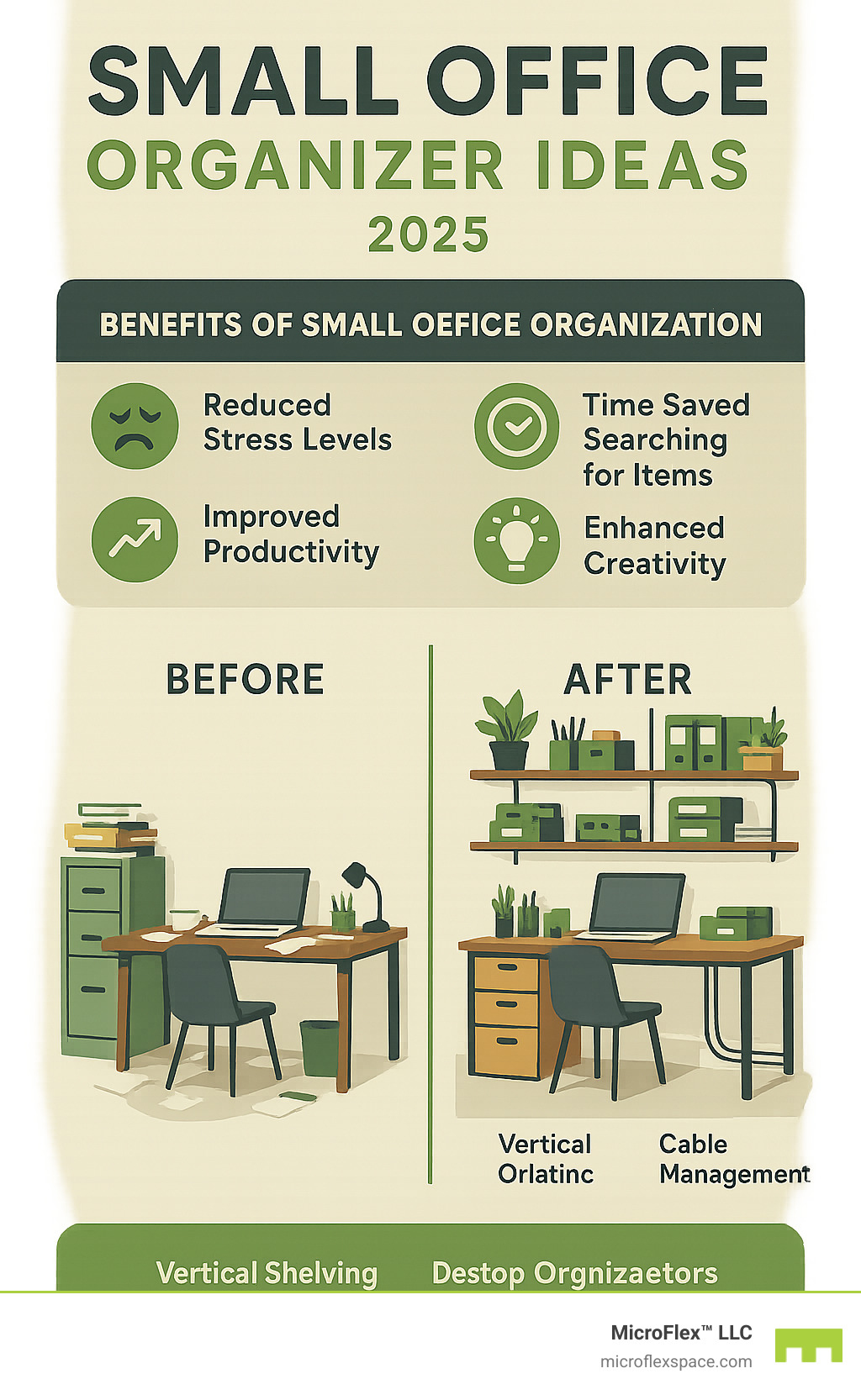 Comprehensive infographic showing the benefits of small office organization including reduced stress levels, improved productivity metrics, time saved searching for items, improved creativity scores, and visual examples of before and after organized workspaces with specific storage solutions like vertical shelving, desktop organizers, and cable management systems - small office organizer ideas infographic Comprehensive infographic showing the benefits of small office organization including reduced stress levels, improved productivity metrics, time saved searching for items, improved creativity scores, and visual examples of before and after organized workspaces with specific storage solutions like vertical shelving, desktop organizers, and cable management systems - small office organizer ideas infographic