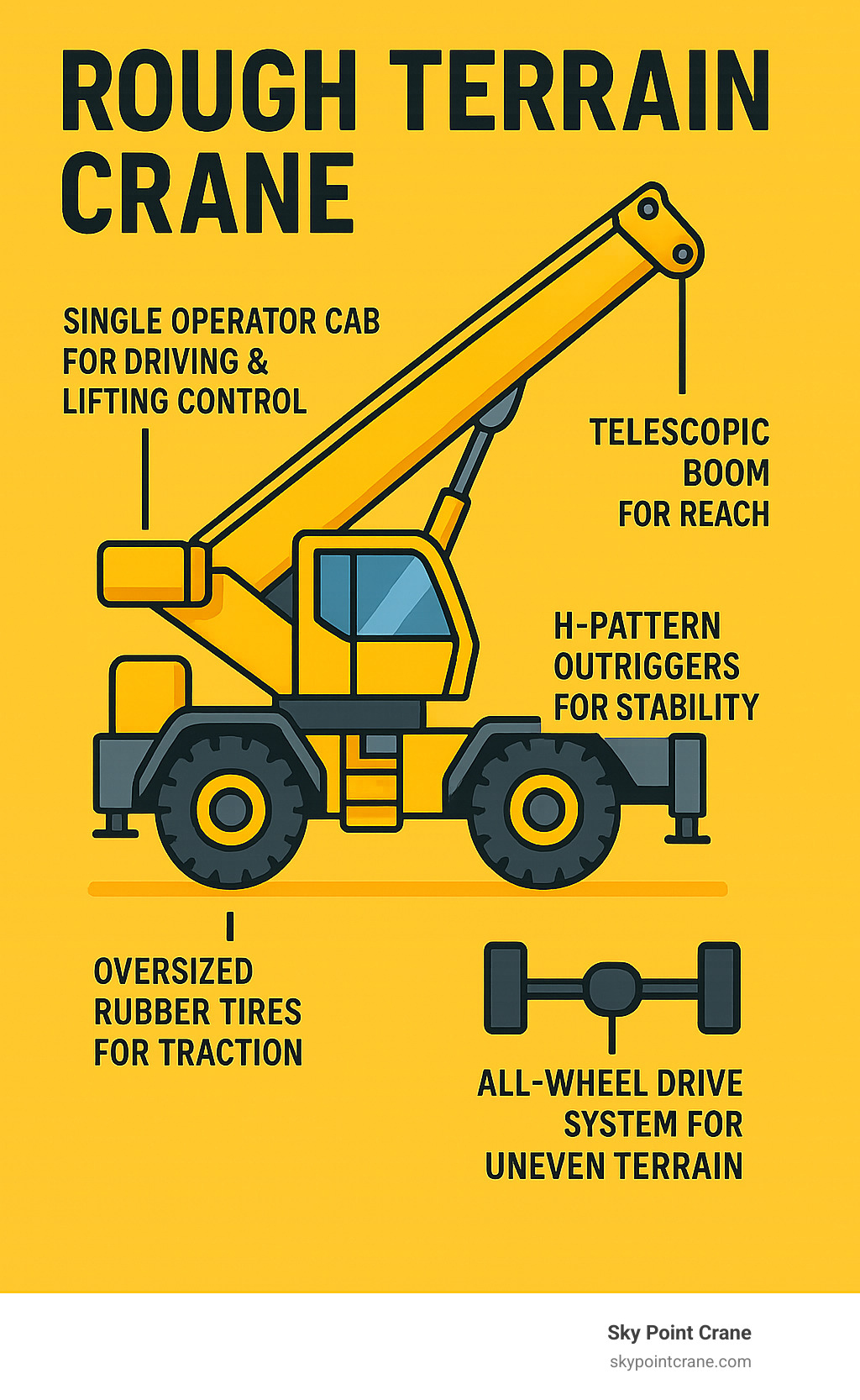Infographic showing rough terrain crane components: oversized rubber tires for traction, telescopic boom for reach, H-pattern outriggers for stability, single operator cab for dual driving and lifting control, and all-wheel drive system for navigating uneven terrain - Rough terrain crane infographic 
