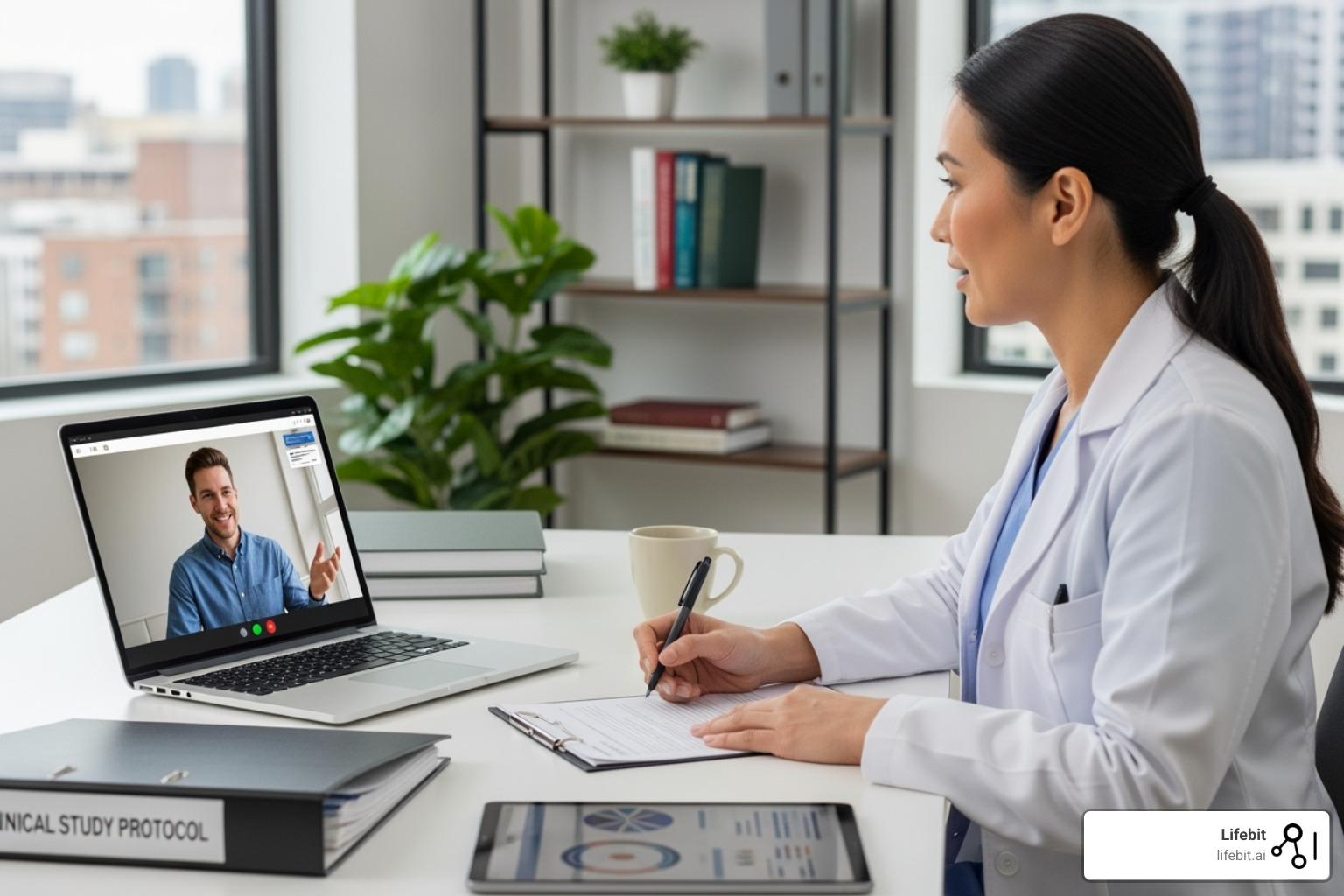 CRA and site staff collaborating via a secure video call - remote clinical trial monitoring