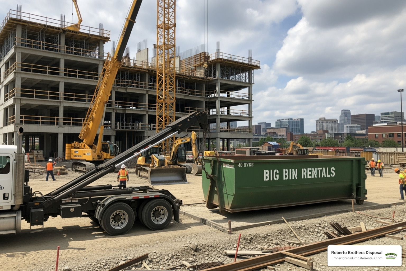 40 yard dumpster being delivered to a large construction site - 40 yard dumpster prices