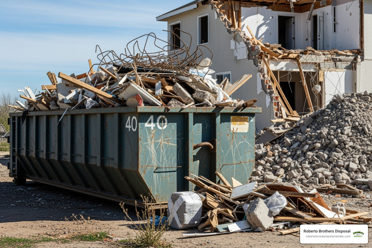 40 yard dumpster filled with debris from a home demolition - 40 yard dumpster prices