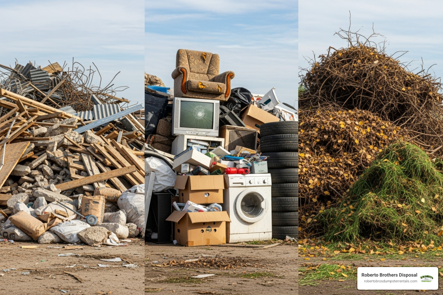 different types of debris: construction materials, household junk, and yard waste - 40 yard dumpster prices
