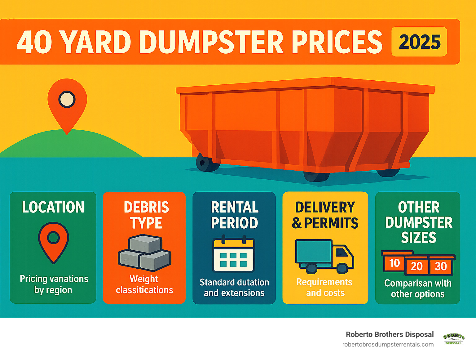 Comprehensive breakdown of factors affecting 40 yard dumpster rental costs including location-based pricing variations, debris type classifications with weight considerations, standard rental periods and extension fees, delivery requirements and permit costs, and comparison with other dumpster sizes - 40 yard dumpster prices infographic 