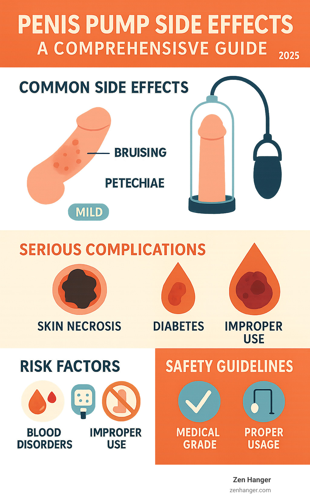 Comprehensive guide to penis pump side effects showing common mild effects like bruising and petechiae, serious complications requiring medical attention including skin necrosis and blood clots, risk factors such as blood disorders and improper use, and safety guidelines including medical-grade device selection and proper usage protocols - penis pump side effects infographic 