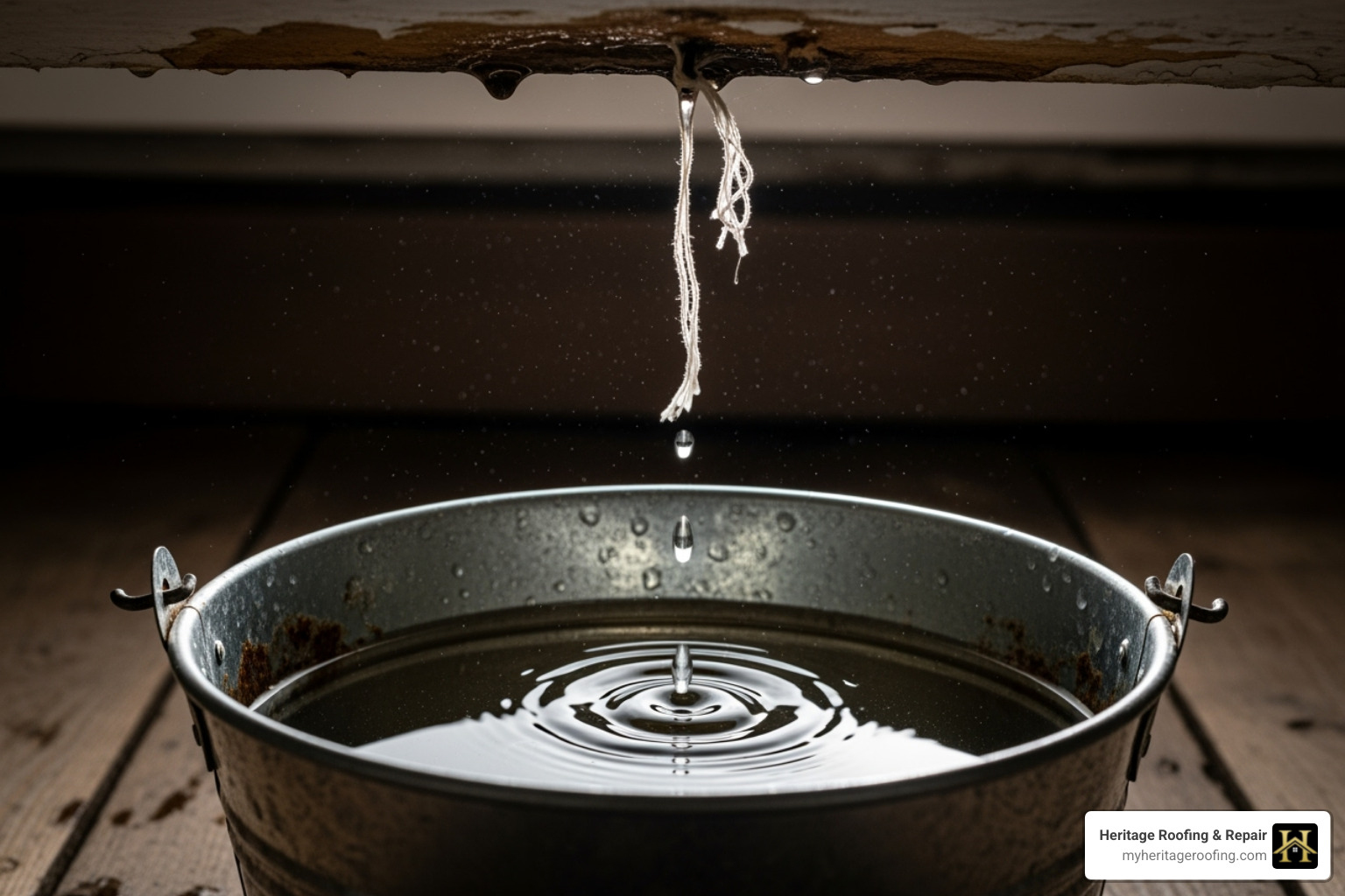 a bucket catching drips from a ceiling, with a string guiding the water to reduce noise. - Residential roof leaks