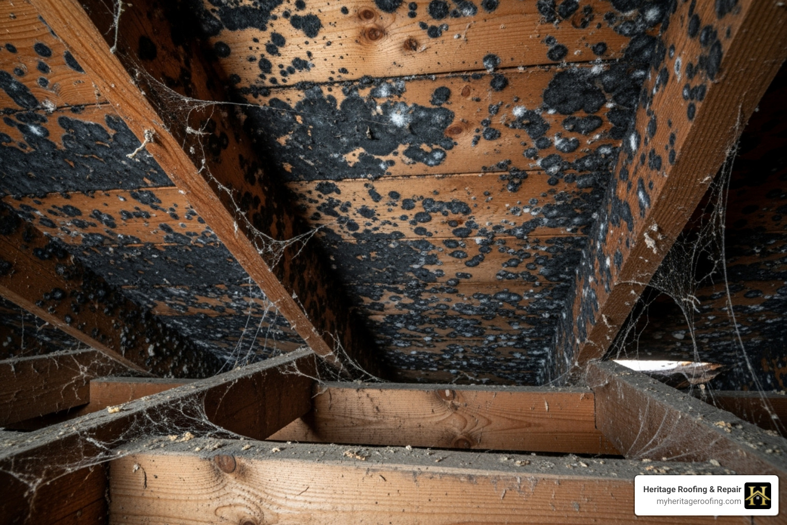black mold growing on attic sheathing and rafters. - Residential roof leaks