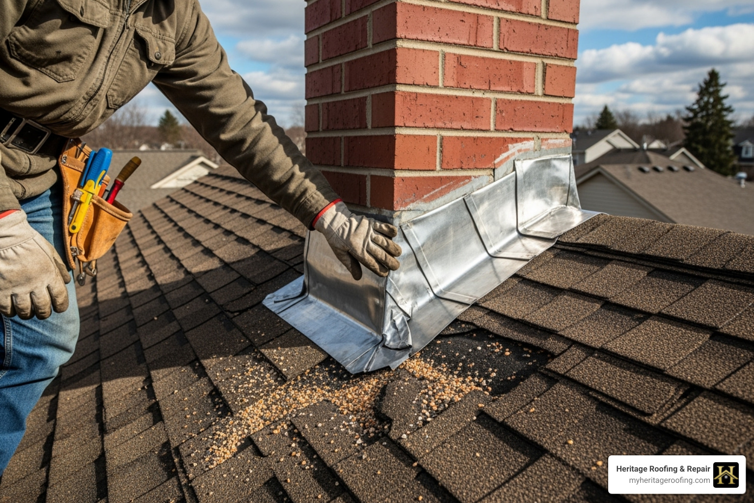 a roofer inspecting damaged flashing around a chimney. - Residential roof leaks