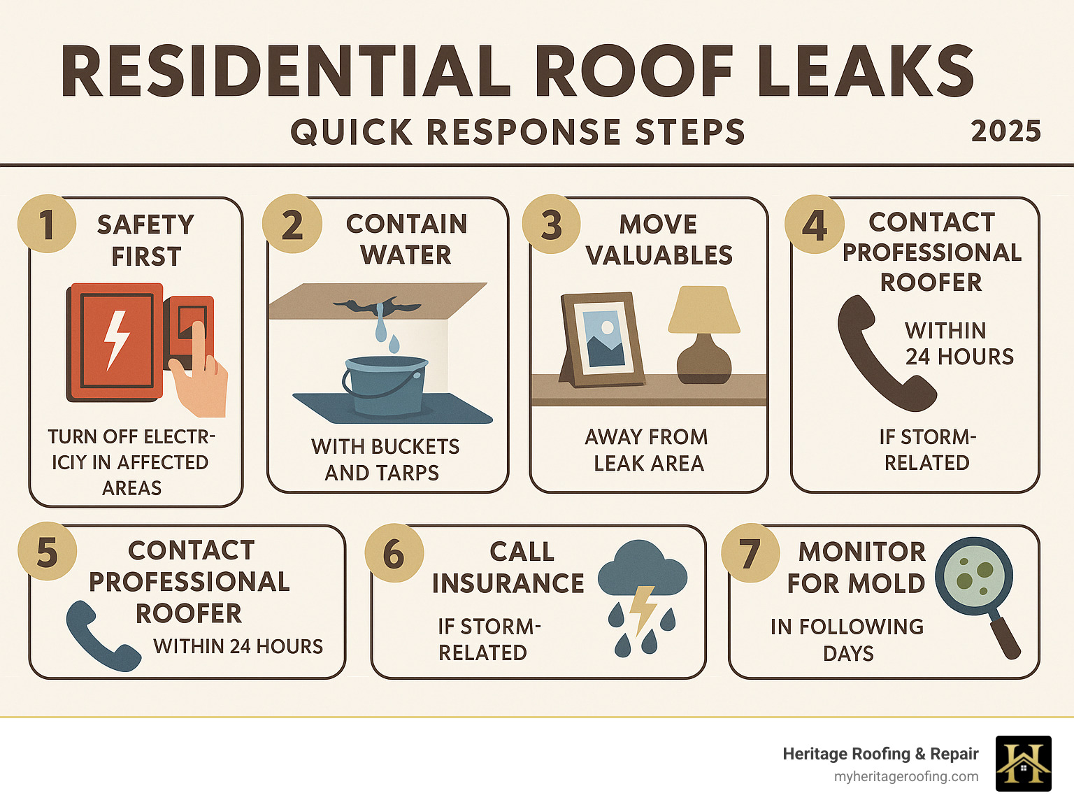 Infographic showing immediate response steps for residential roof leaks: 1. Safety first - turn off electricity in affected areas, 2. Contain water with buckets and tarps, 3. Move valuables away from leak area, 4. Document damage with photos, 5. Contact professional roofer within 24 hours, 6. Call insurance company if storm-related, 7. Monitor for mold growth in following days - Residential roof leaks infographic 