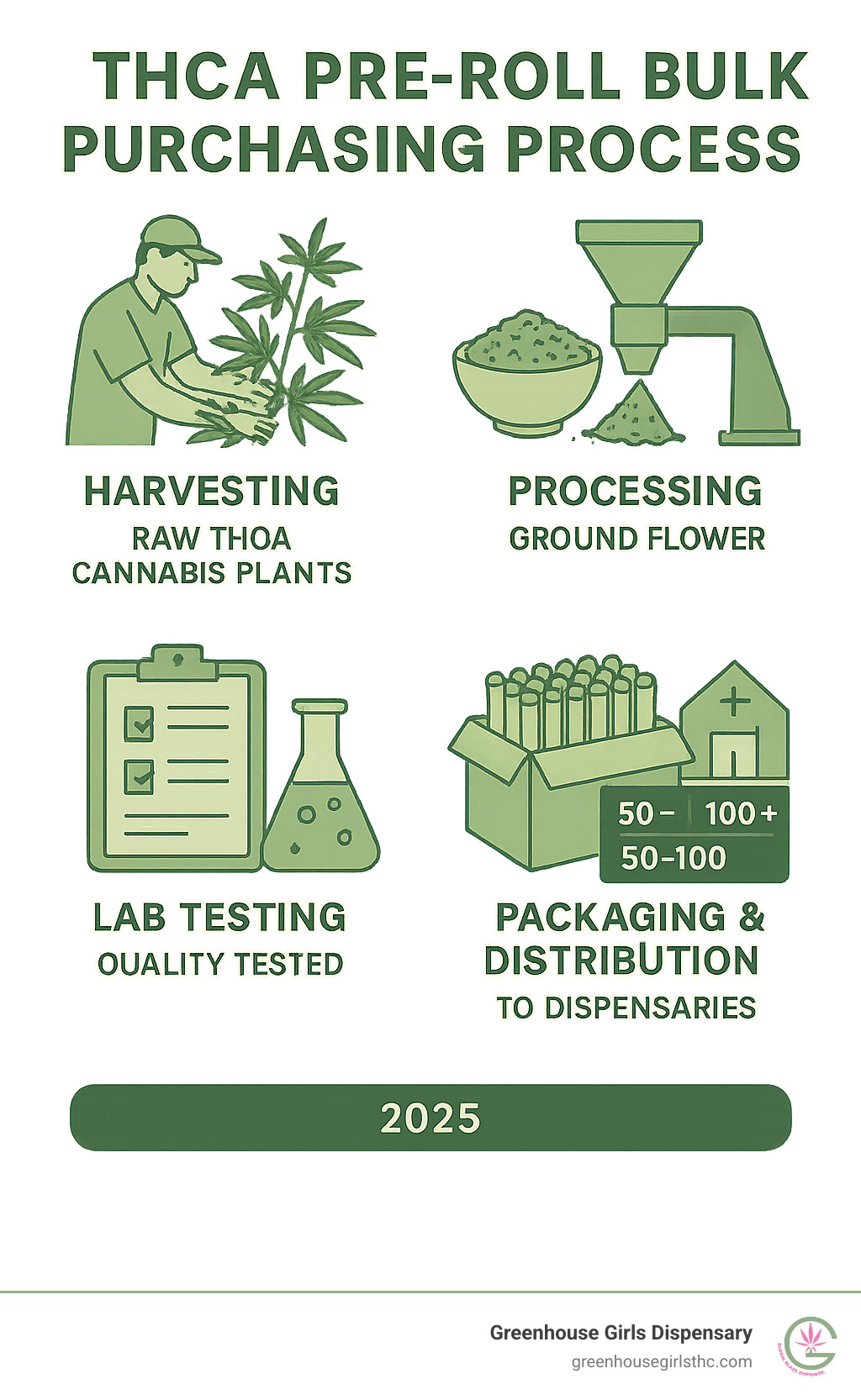 Detailed infographic showing the complete THCA pre-roll bulk purchasing process: raw THCA cannabis plants being harvested, processed into ground flower, machine-filled into paper cones, quality tested in labs, packaged in bulk quantities of 50-100 units, and distributed to dispensaries with pricing tiers and minimum order quantities clearly displayed - thca pre rolls bulk infographic 