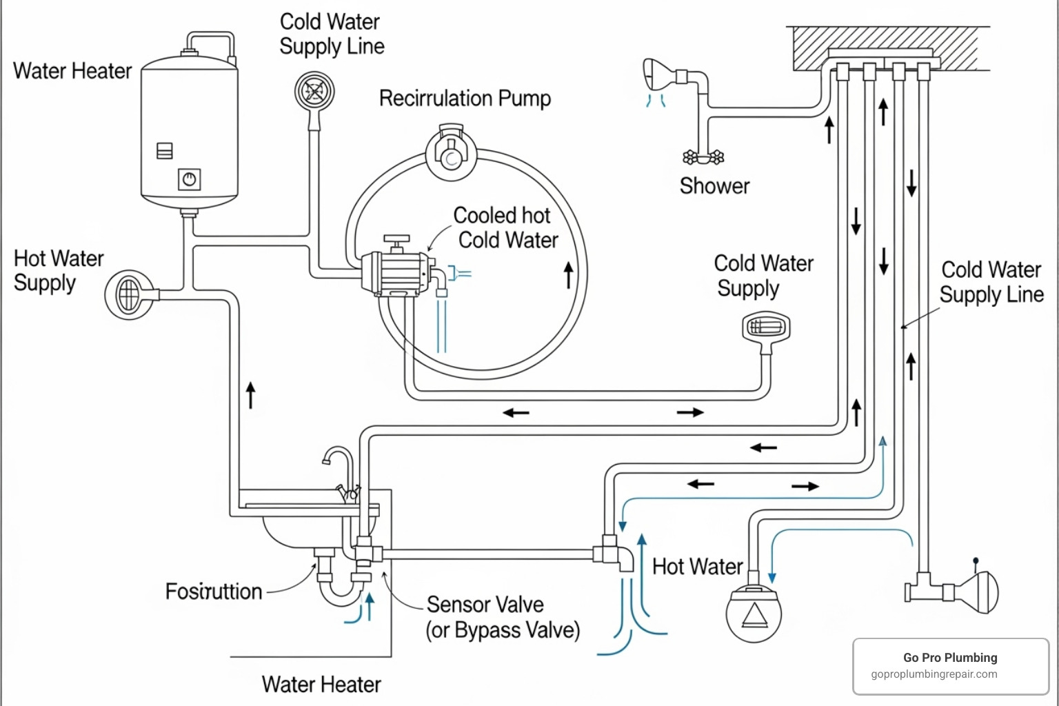 diagram showing a comfort or retrofit system using the cold water line as the return path - hot water recirculating pump installation diagram