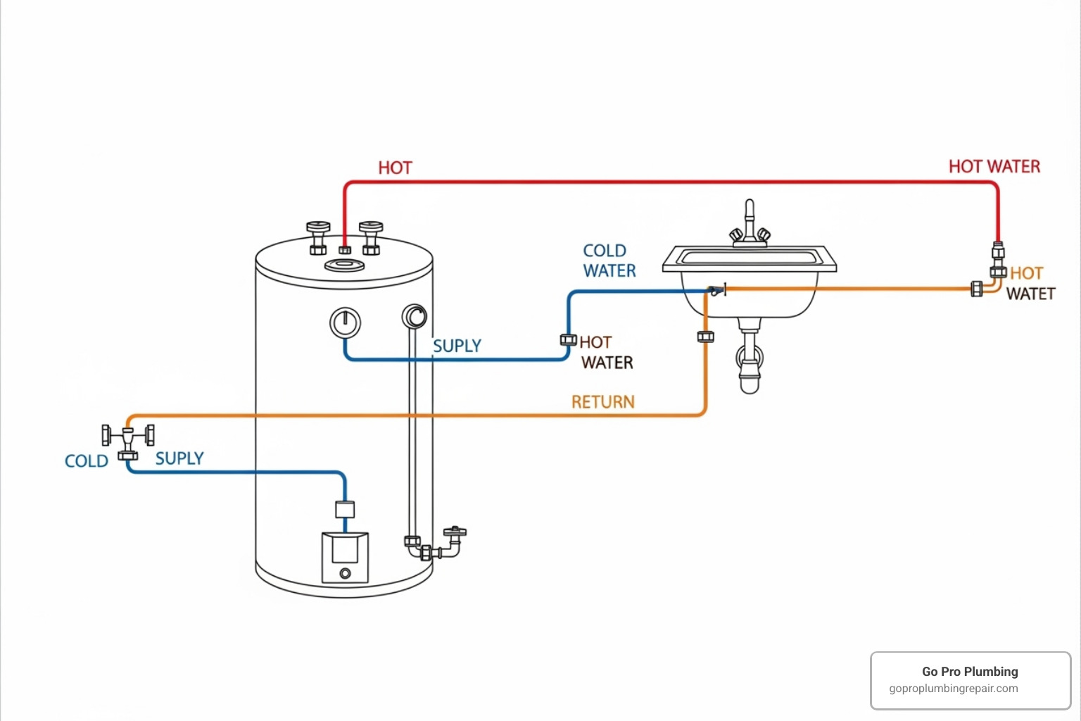 diagram showing a dedicated return line from the furthest fixture back to the water heater - hot water recirculating pump installation diagram