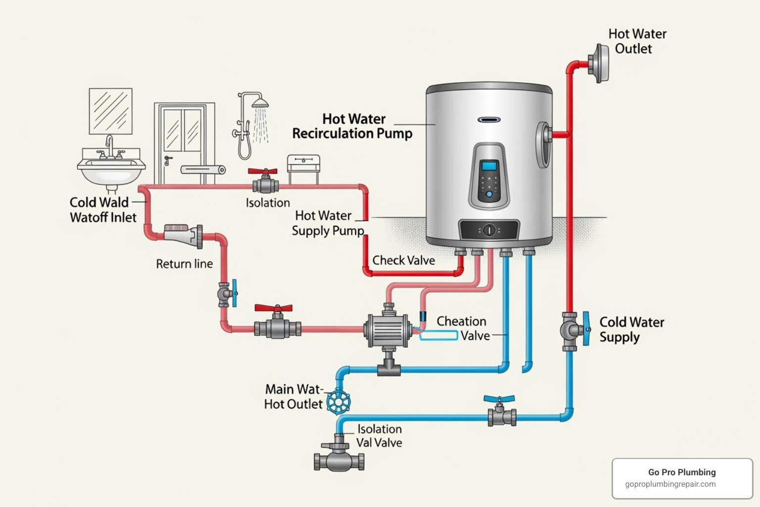 diagram showing a recirculation pump integrated with a tankless water heater - hot water recirculating pump installation diagram