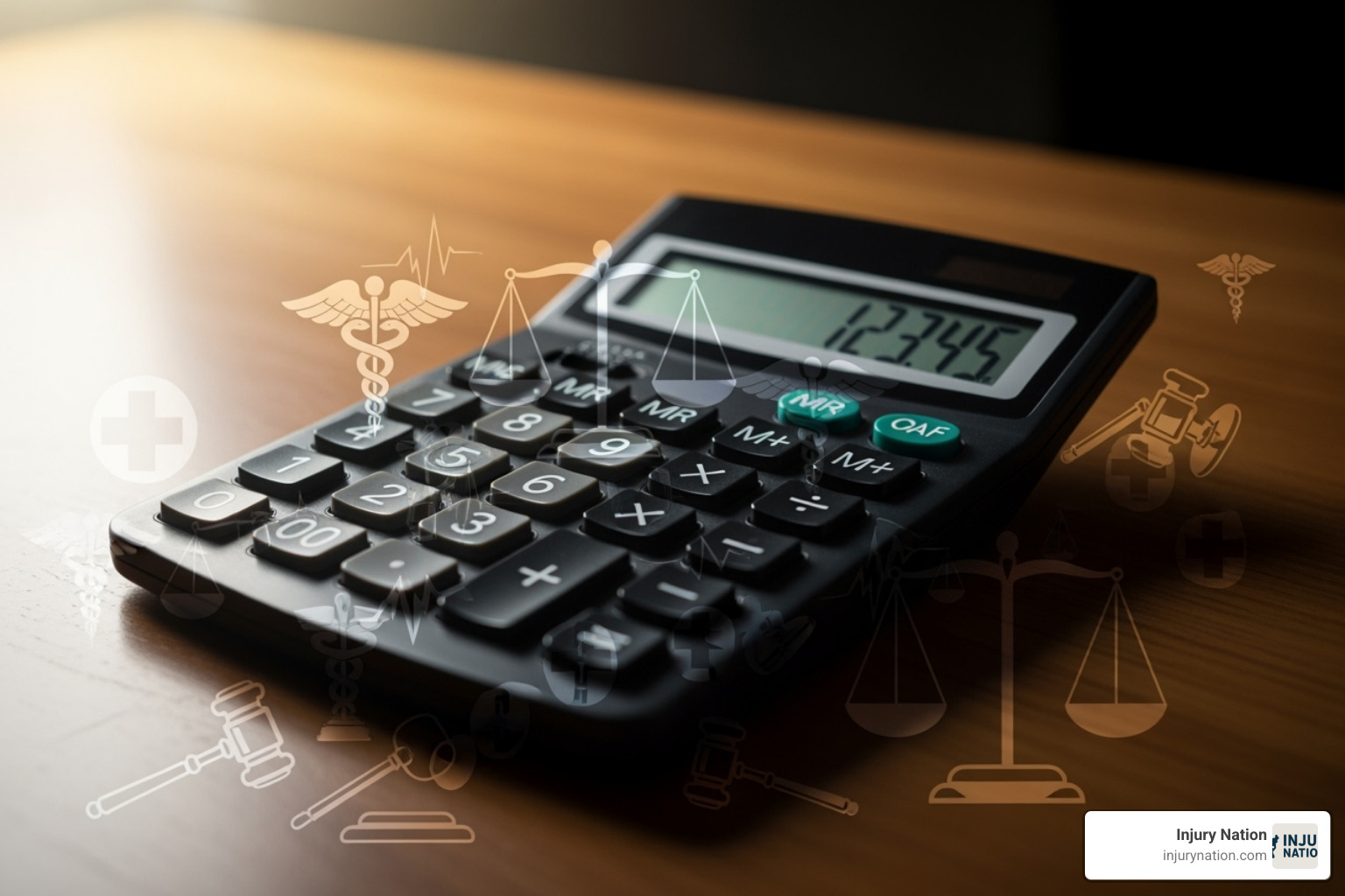 calculator with medical and legal symbols - Accident settlement amount