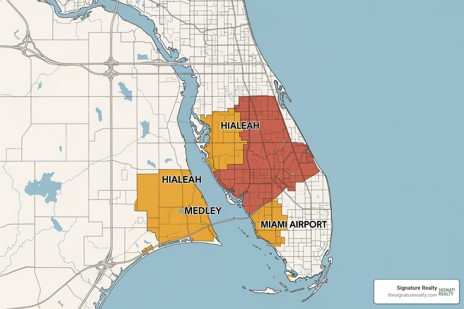 A map highlighting key industrial zones in Miami-Dade County, including Doral, Hialeah, Medley, and the Miami Airport area - industrial property for sale in miami A map highlighting key industrial zones in Miami-Dade County, including Doral, Hialeah, Medley, and the Miami Airport area - industrial property for sale in miami