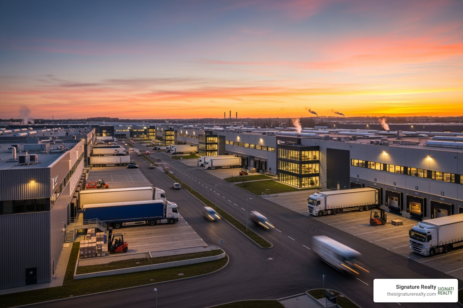 A modern industrial park at sunset, showcasing multiple warehouses and distribution centers with trucks, symbolizing a thriving business environment - industrial property for sale in miami A modern industrial park at sunset, showcasing multiple warehouses and distribution centers with trucks, symbolizing a thriving business environment - industrial property for sale in miami