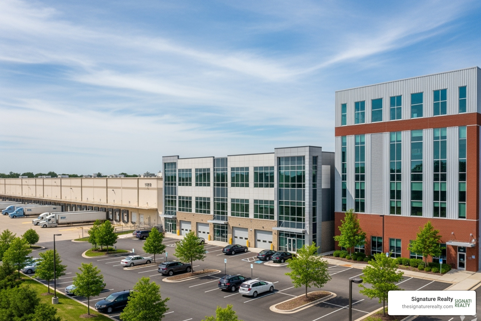 Different types of industrial buildings: a large distribution center with multiple loading docks, a modern flex space with office fronts and roll-up doors, and a light manufacturing facility with large windows - industrial property for sale in miami Different types of industrial buildings: a large distribution center with multiple loading docks, a modern flex space with office fronts and roll-up doors, and a light manufacturing facility with large windows - industrial property for sale in miami