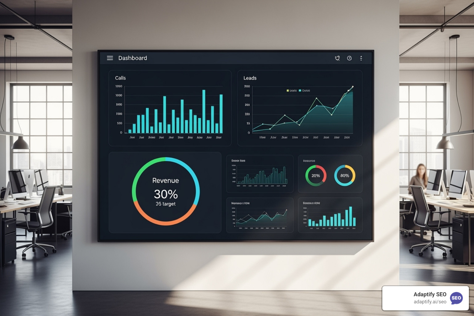 A dashboard showing key performance indicators like calls, leads, and revenue - roofing seo company