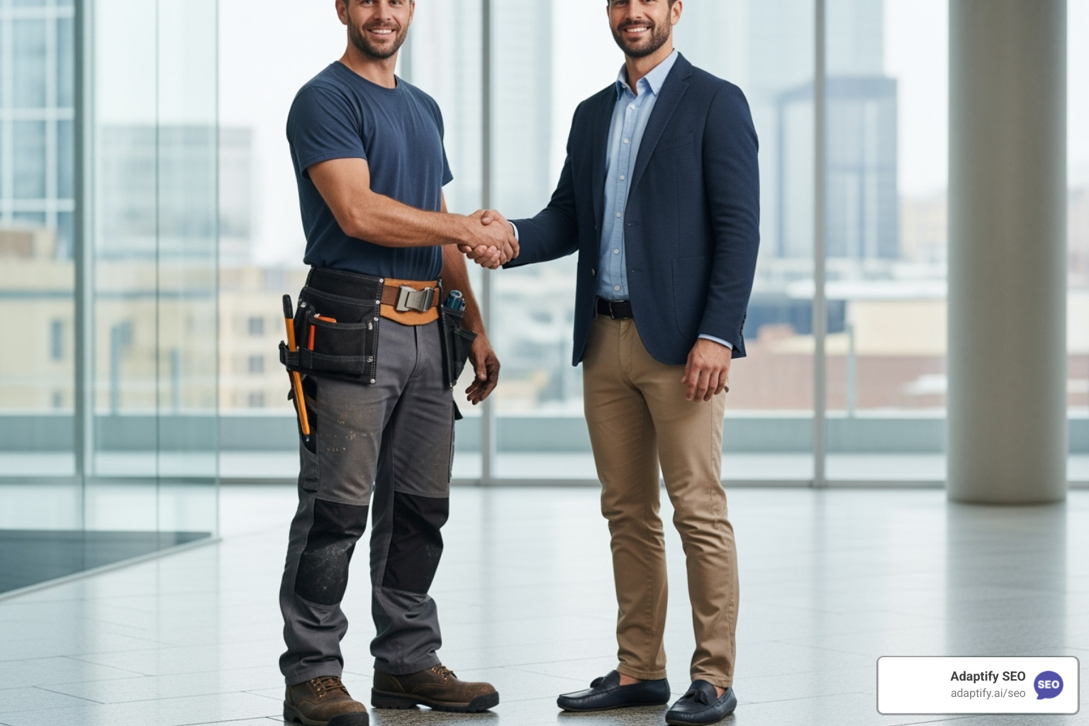 A roofer shaking hands with a digital marketing expert - roofing seo company
