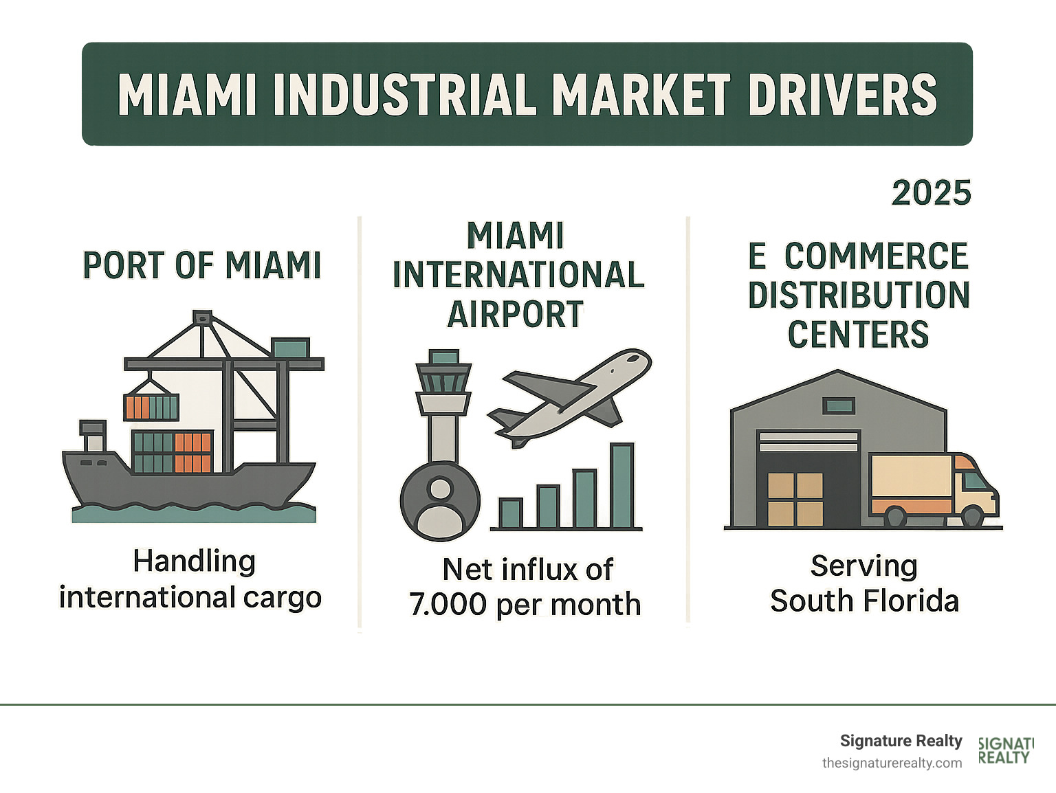 Miami Industrial Market Drivers: Port of Miami handling international cargo, Miami International Airport with freight operations, population growth statistics showing monthly influx, and e-commerce distribution centers serving South Florida - industrial property for sale in miami infographic Miami Industrial Market Drivers: Port of Miami handling international cargo, Miami International Airport with freight operations, population growth statistics showing monthly influx, and e-commerce distribution centers serving South Florida - industrial property for sale in miami infographic