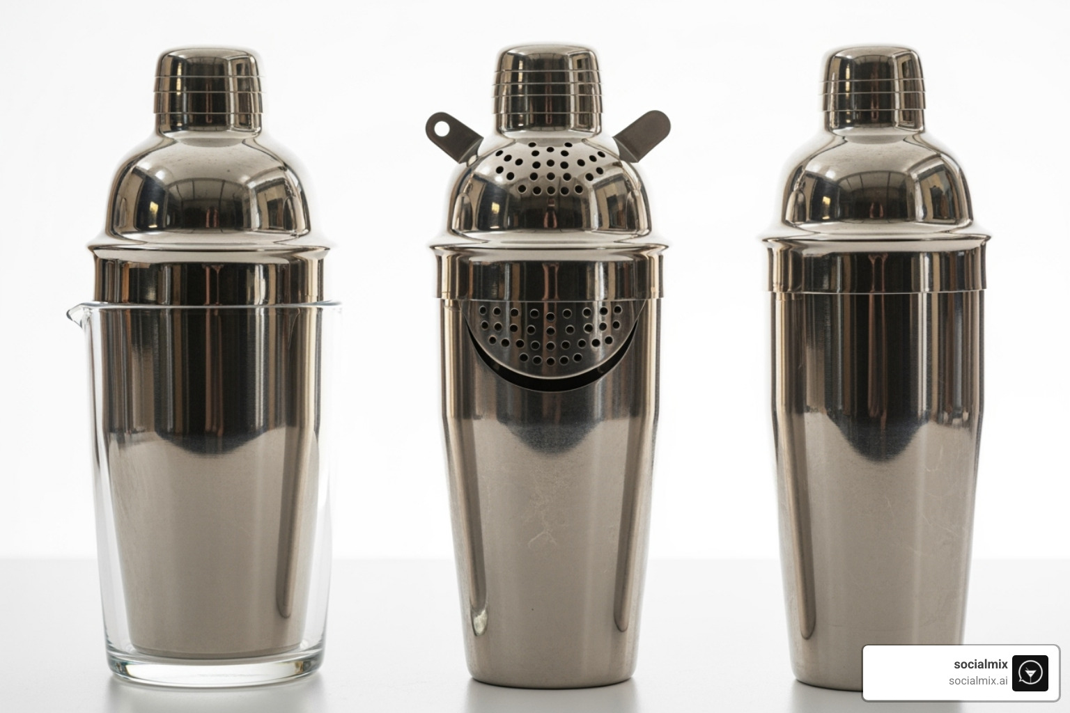 A side-by-side comparison of Boston, Cobbler, and Parisian cocktail shakers, highlighting their distinct shapes and components - premium cocktail shaker set