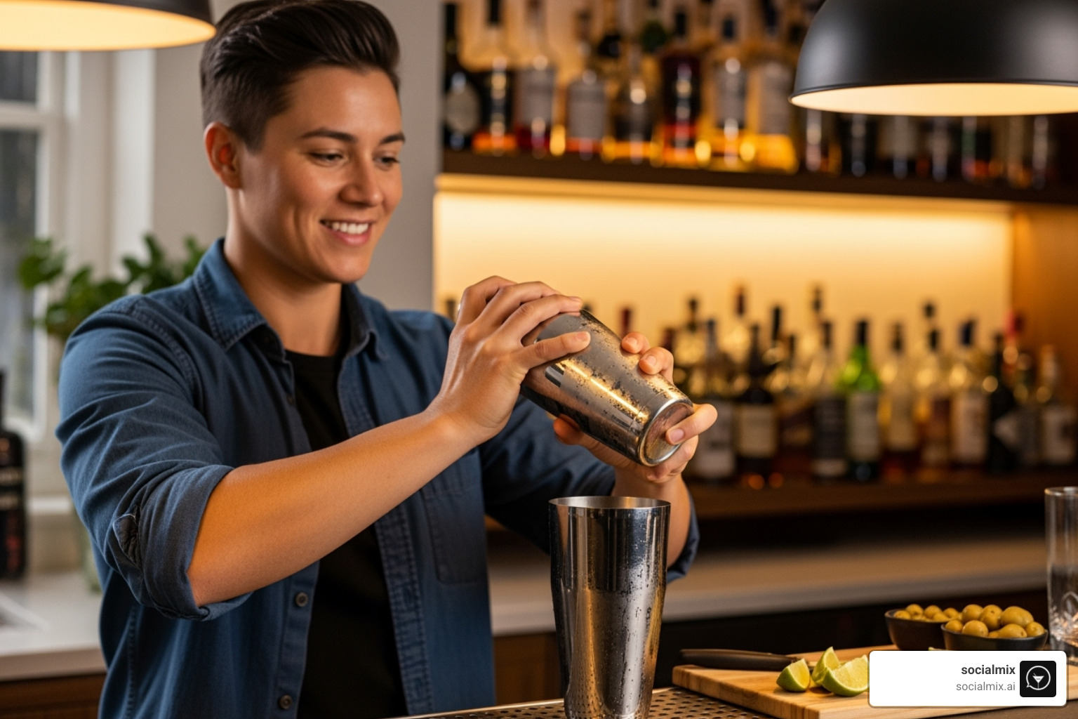 A person smiling while confidently shaking a cocktail with a sleek, premium Boston shaker at a home bar setup - premium cocktail shaker set