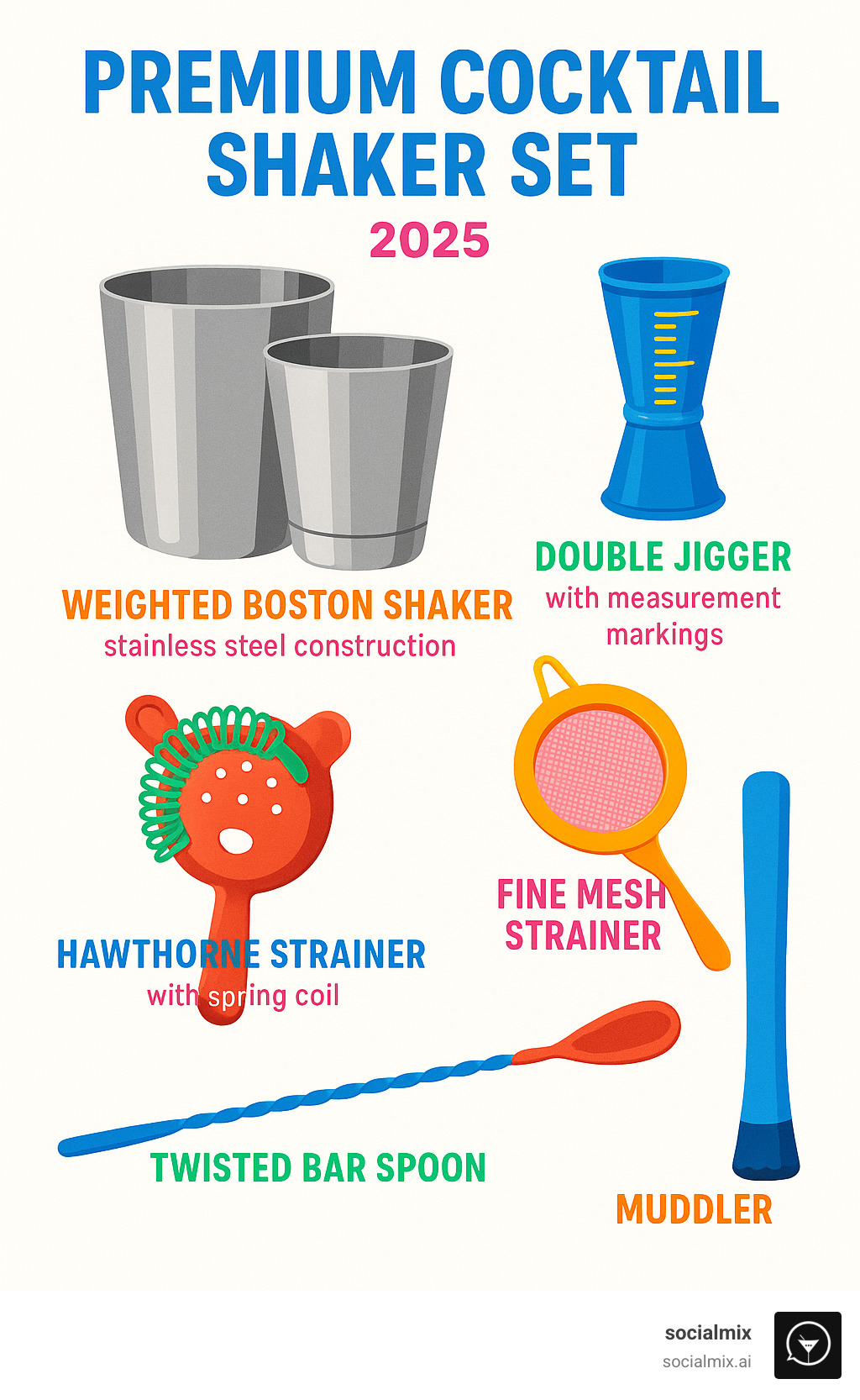 Detailed breakdown of premium cocktail shaker set components showing weighted Boston shaker with stainless steel construction, double jigger with measurement markings, Hawthorne strainer with spring coil, fine mesh strainer, twisted bar spoon, and muddler arranged on dark background with labels - premium cocktail shaker set infographic 