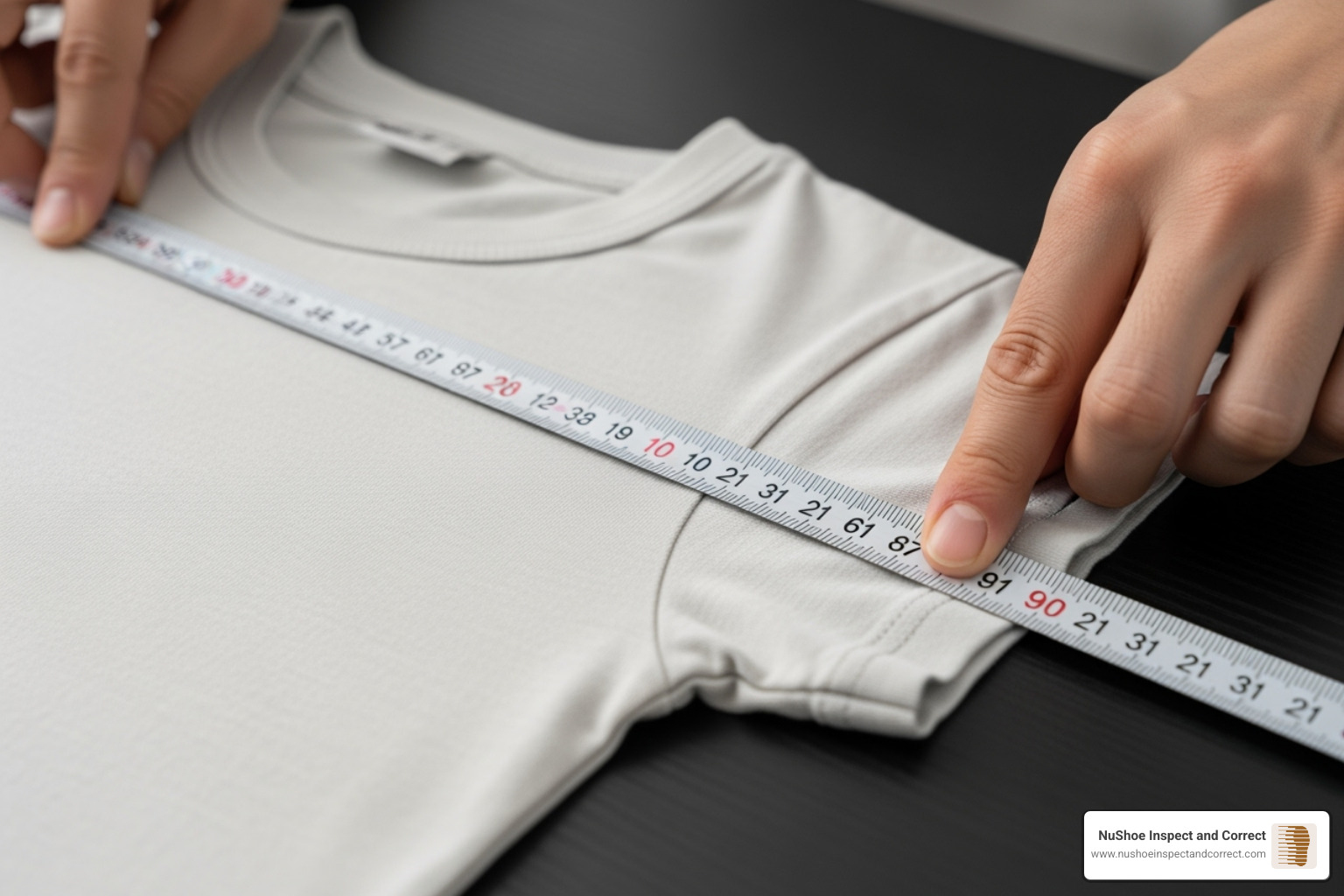 inspector measuring a t-shirt on a flat surface - clothing quality inspection inspector measuring a t-shirt on a flat surface - clothing quality inspection