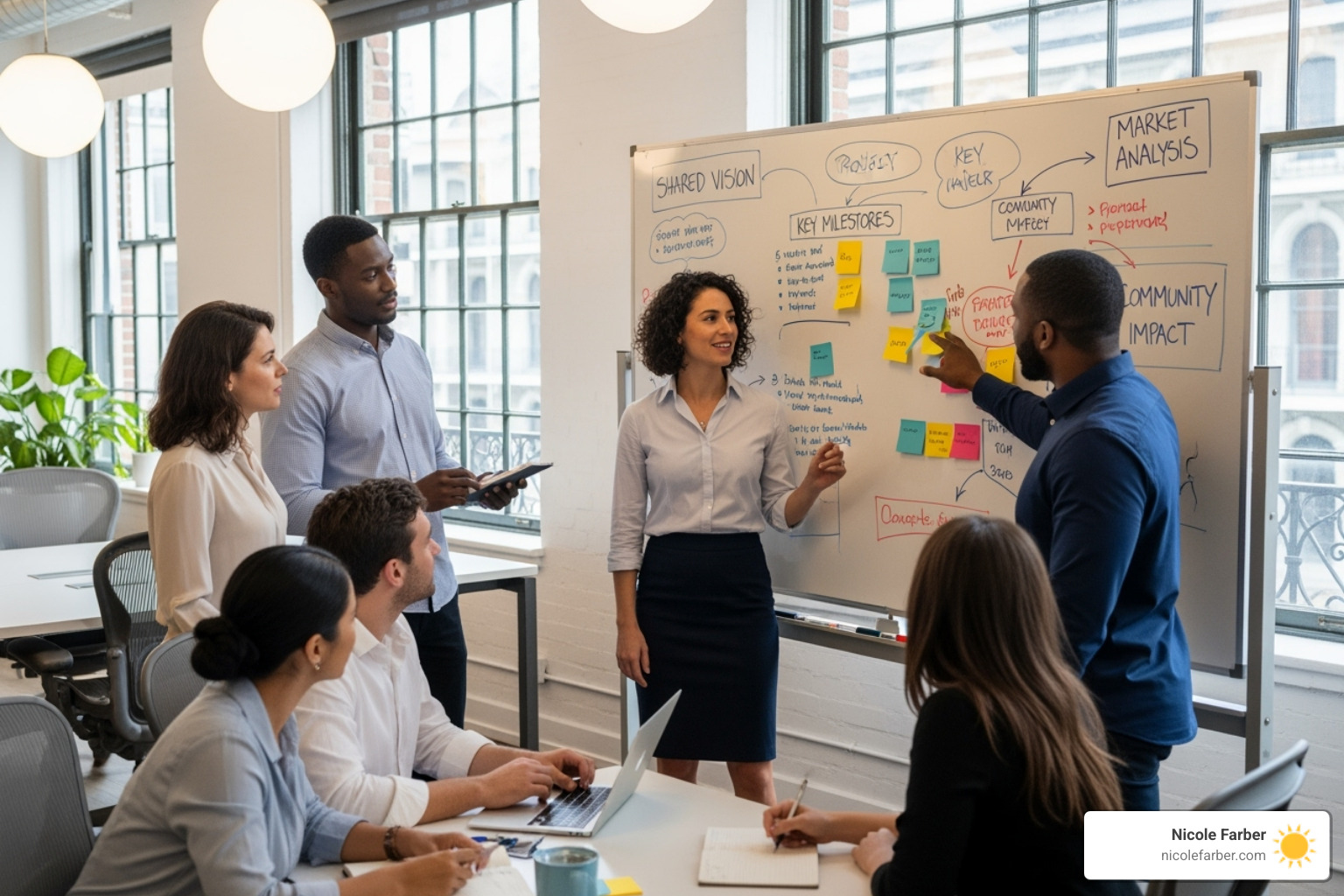 A leader at a whiteboard, collaborating with a team on a shared vision in a New Orleans office. - how be a good leader A leader at a whiteboard, collaborating with a team on a shared vision in a New Orleans office. - how be a good leader
