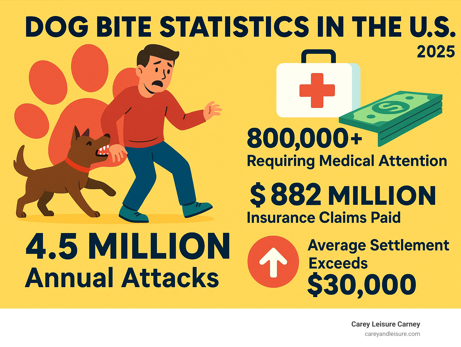 Infographic showing dog bite statistics in the U.S. including 4.5 million annual attacks, 800,000+ requiring medical attention, $882 million in insurance claims paid, and average settlement amounts exceeding $30,000 - dog attack lawyers infographic 