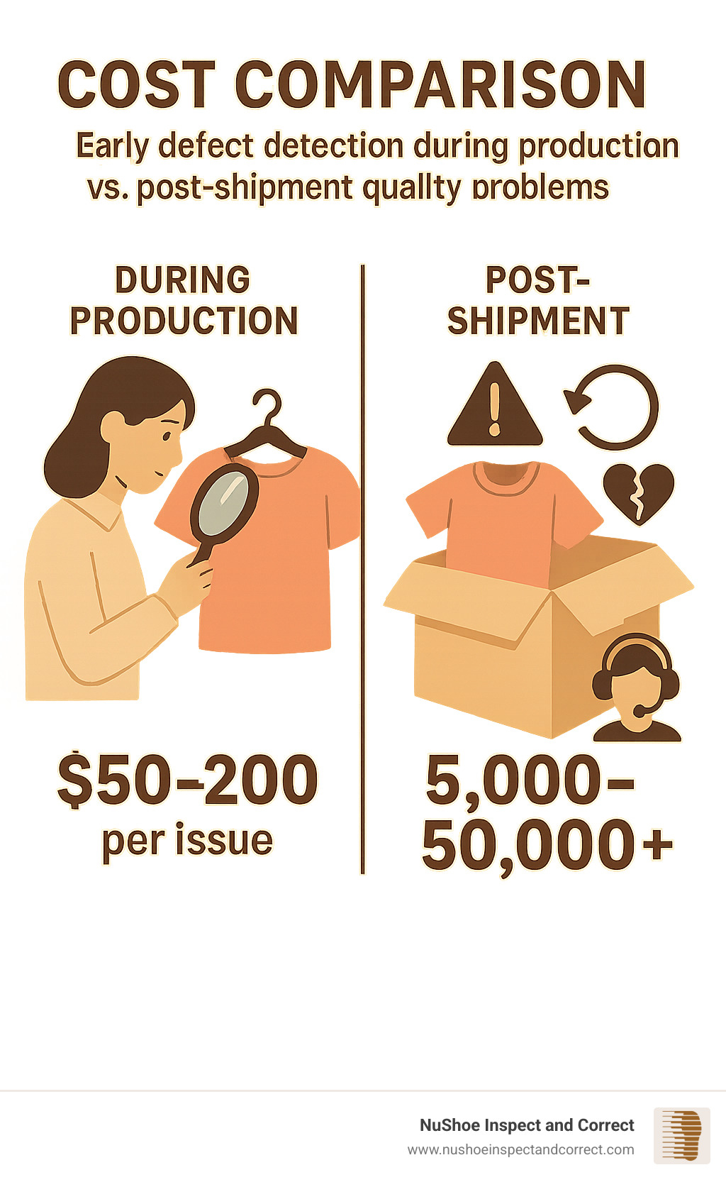 Detailed infographic showing the cost comparison between early defect detection during production ($50-200 per issue) versus post-shipment quality problems ($5,000-50,000+ including recalls, returns, brand damage, and customer service costs) - clothing quality inspection infographic Detailed infographic showing the cost comparison between early defect detection during production ($50-200 per issue) versus post-shipment quality problems ($5,000-50,000+ including recalls, returns, brand damage, and customer service costs) - clothing quality inspection infographic