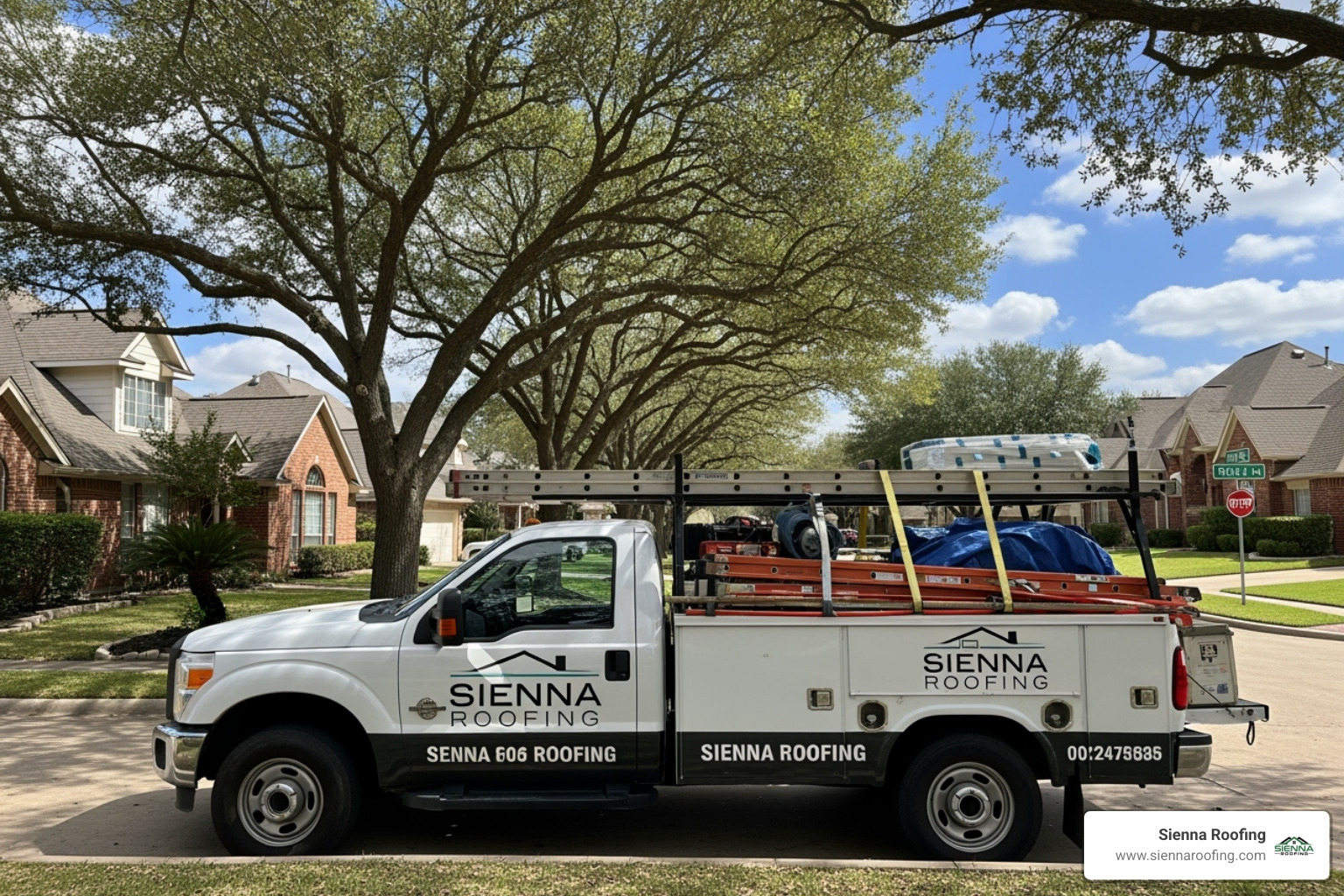 Sienna Roofing branded truck parked in a sunny Sugar Land neighborhood - Free roofing consultation