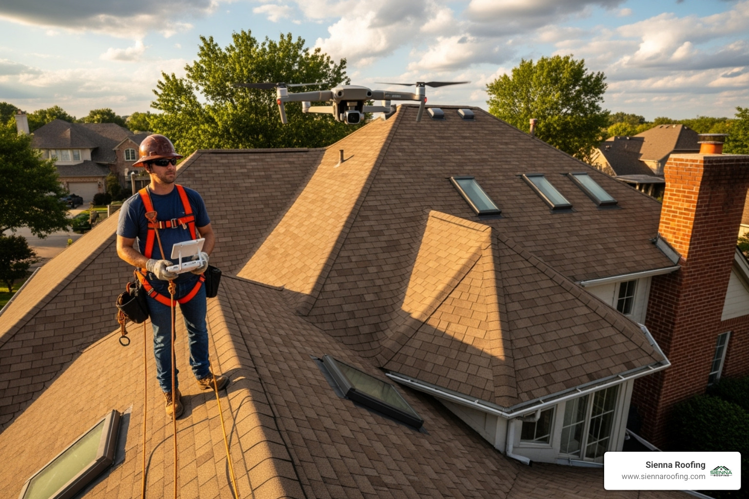 Roofer using a drone to inspect a residential roof, wearing a safety harness - Free roofing consultation