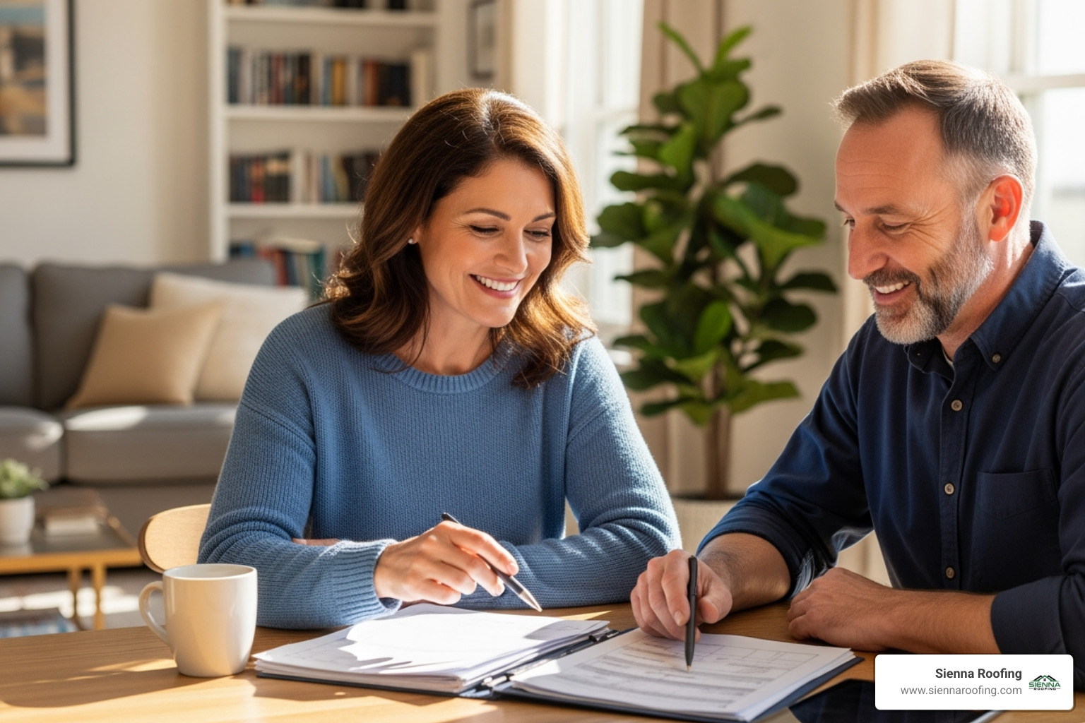 Homeowner reviewing documents with a roofing contractor, both smiling - Free roofing consultation