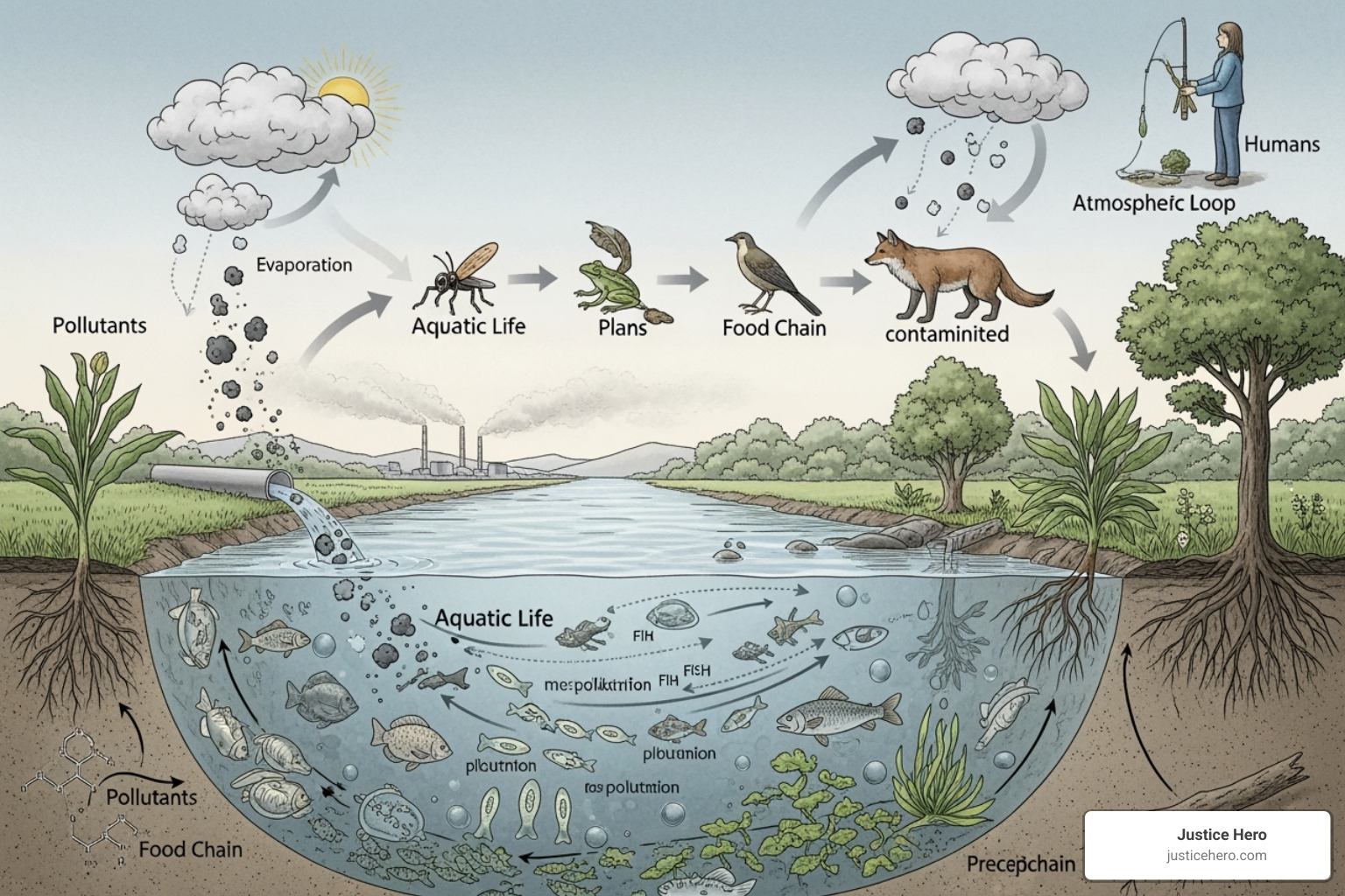 diagram showing how PFAS chemicals enter the water cycle and food chain - afff
