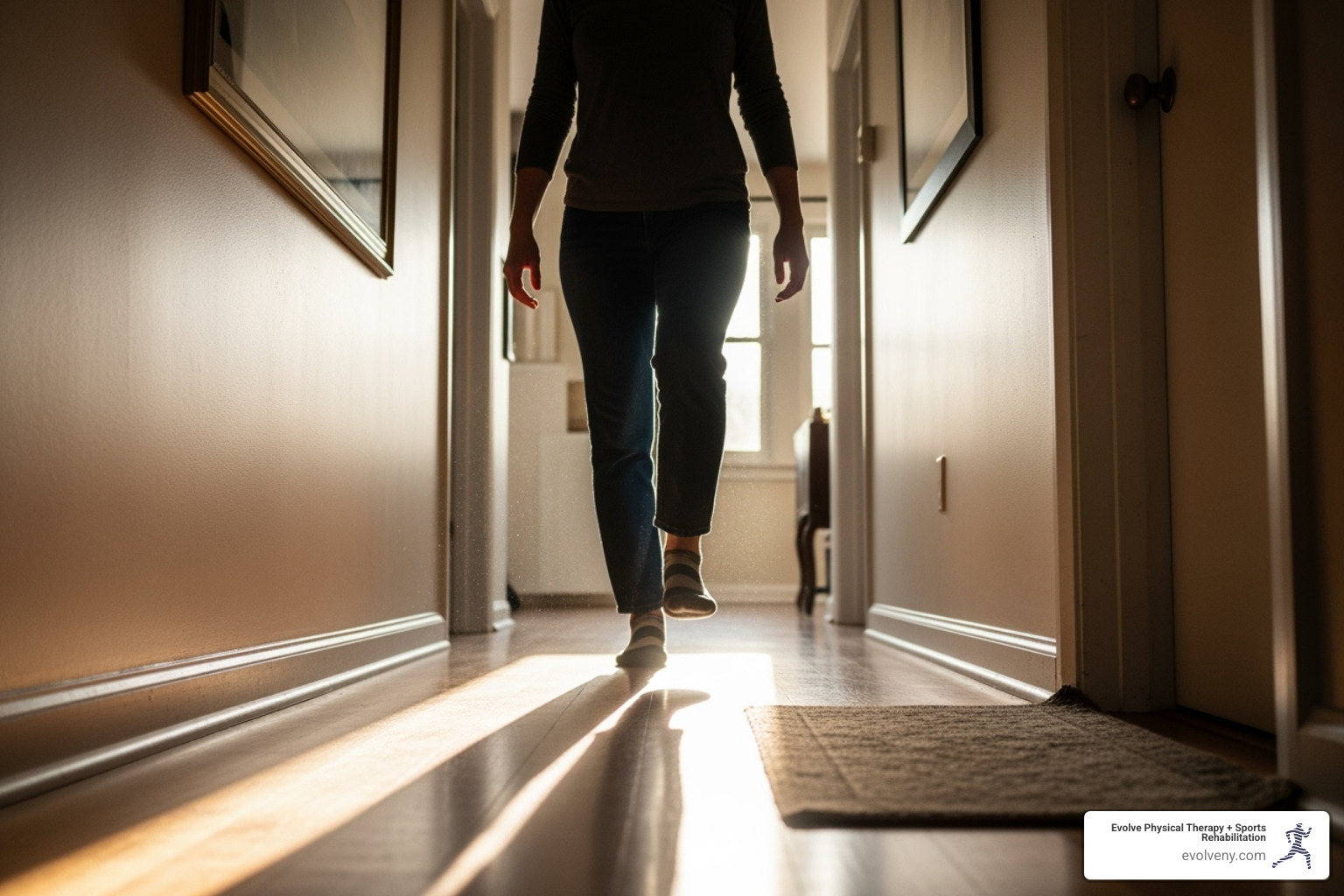 Person doing a heel-to-toe walk down a hallway - Physical therapy for balance