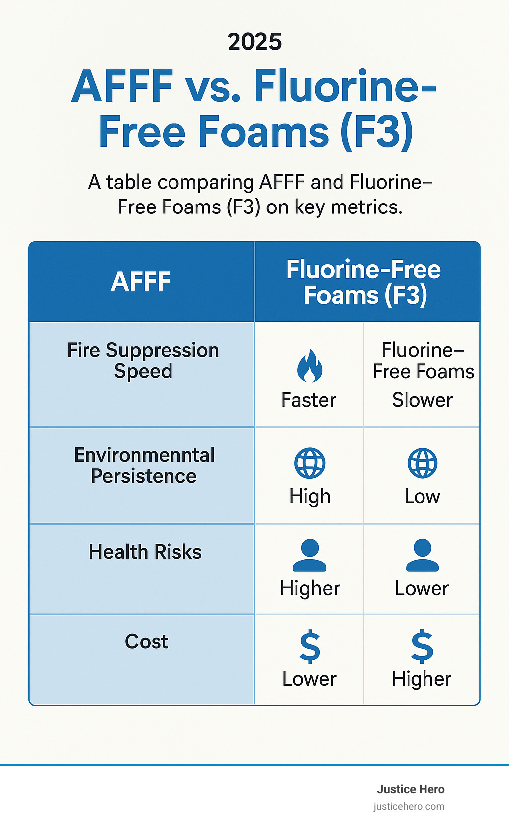 TABLE comparing AFFF and Fluorine-Free Foams (F3) on key metrics like fire suppression speed, environmental persistence, health risks, and cost - afff infographic 