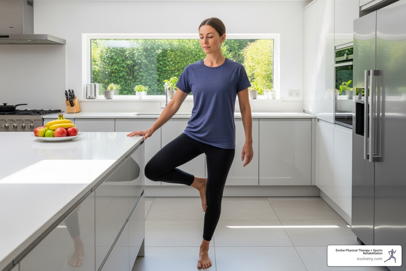Person performing a single-leg stand safely next to a kitchen counter for support - Physical therapy for balance