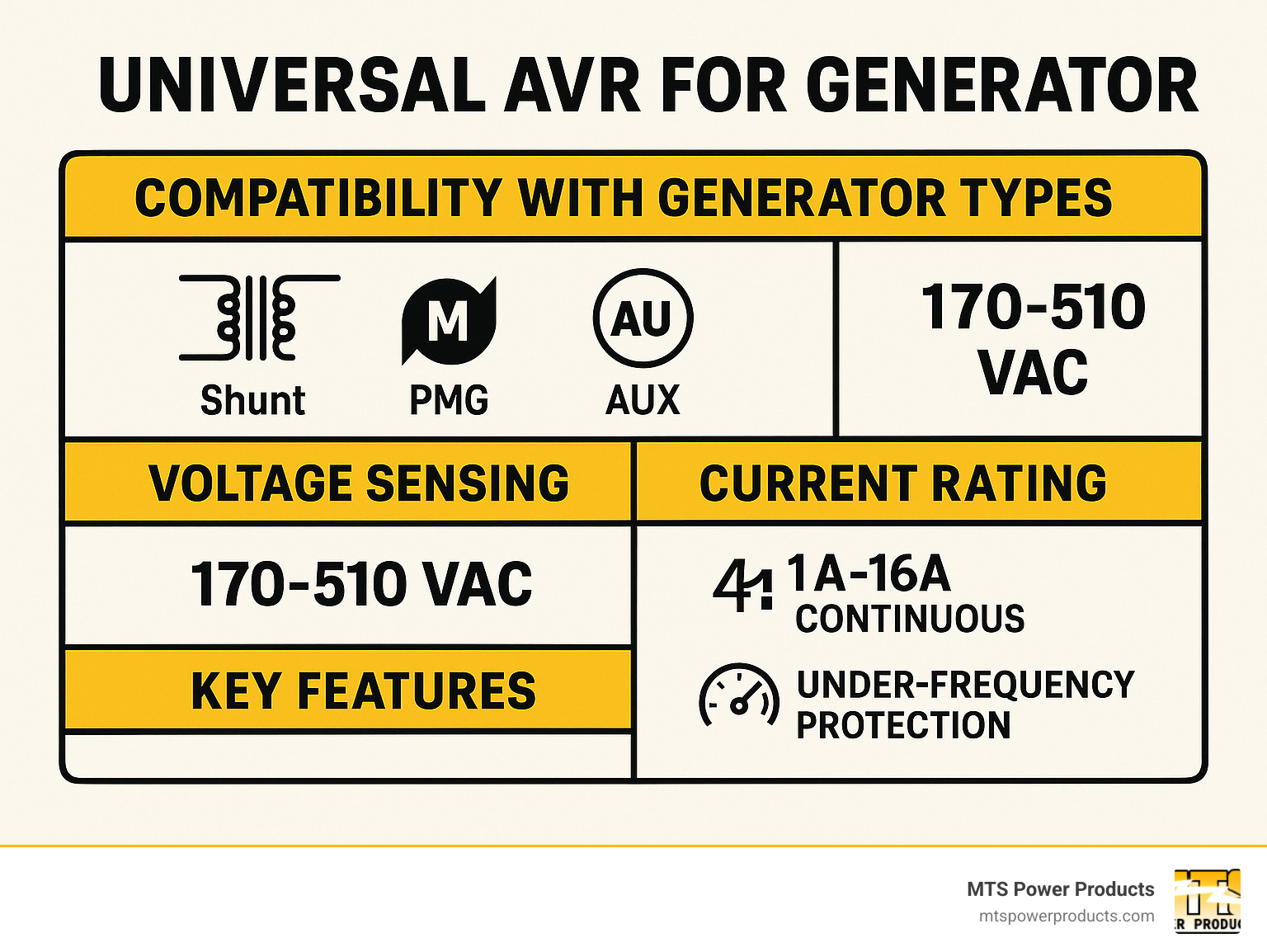 Infographic showing universal AVR compatibility with different generator types, voltage sensing ranges (170-510 VAC), current ratings (4A-16A continuous), and key features like under-frequency protection and soft-start voltage ramping - universal avr for generator infographic 