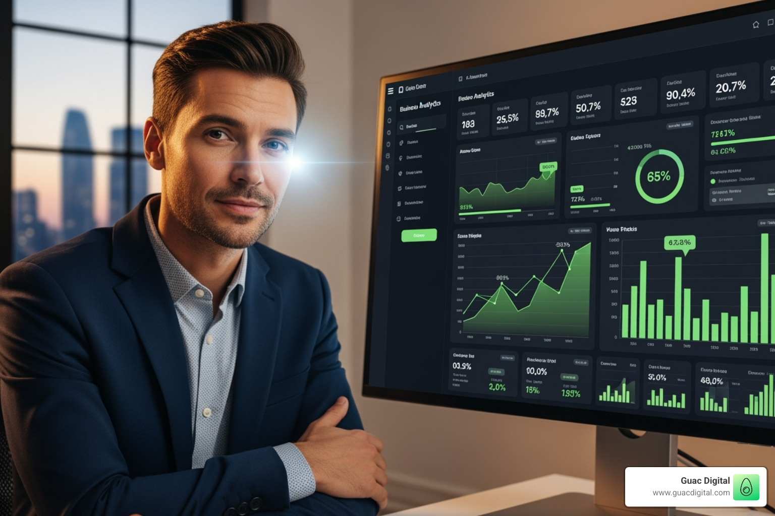 Person confidently looking at a thriving business analytics dashboard, with lime green accents and graphs - ai website rating tool