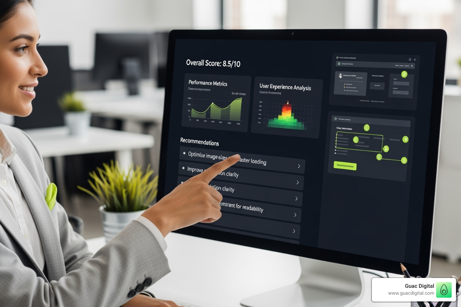 User pointing at a computer screen showing an AI tool's recommendations, with arrows indicating actionable steps - ai website rating tool