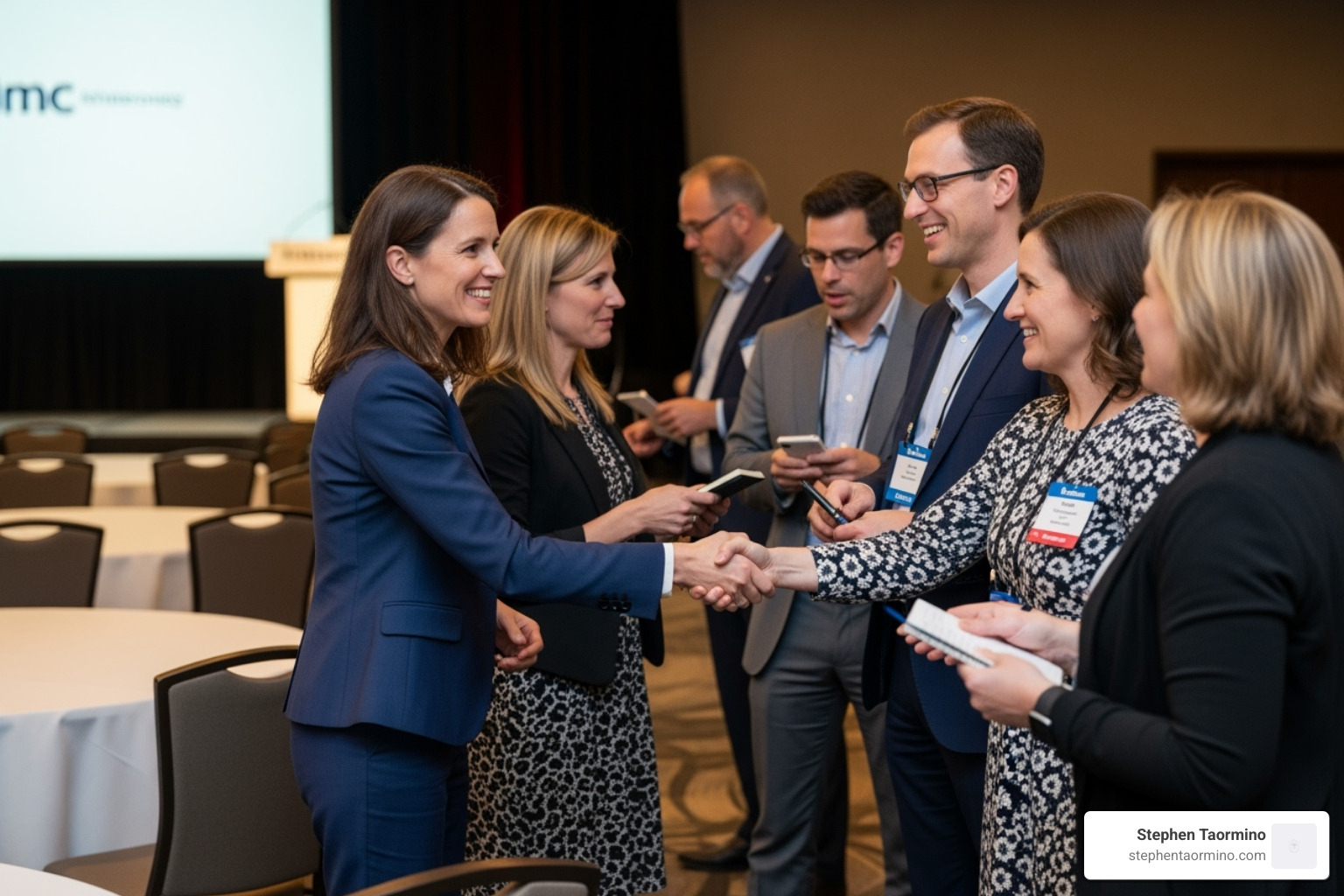 a speaker interacting with audience members after a talk - keynote speaker change management