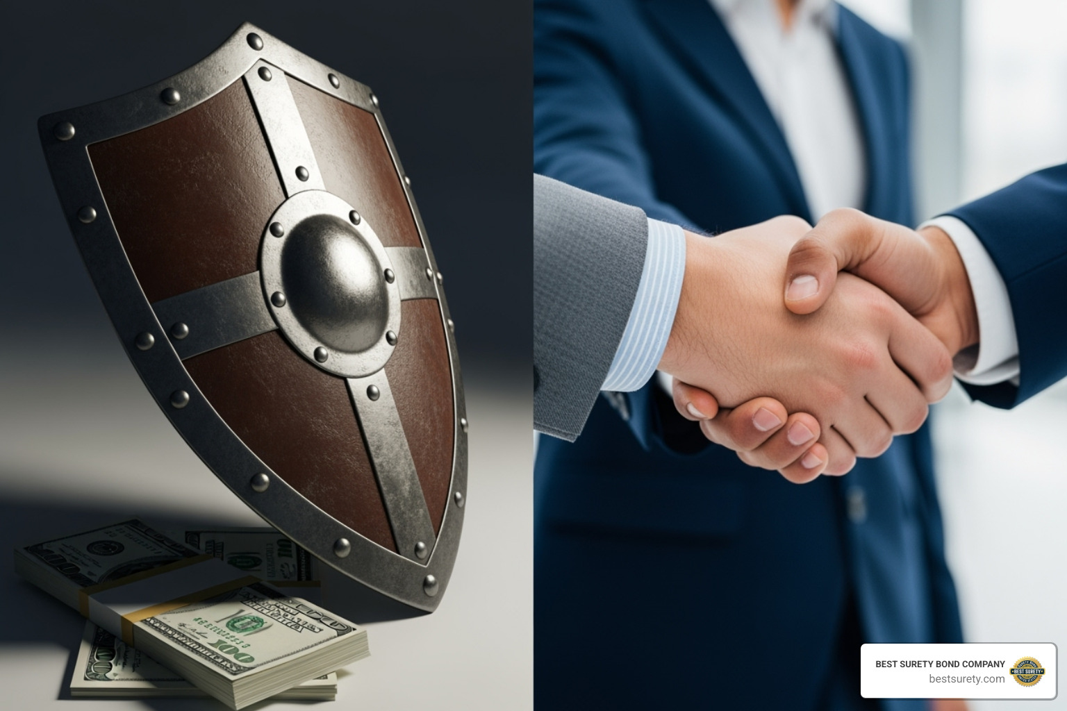 Split screen showing a shield over money and a three-way handshake - credit insurance vs surety