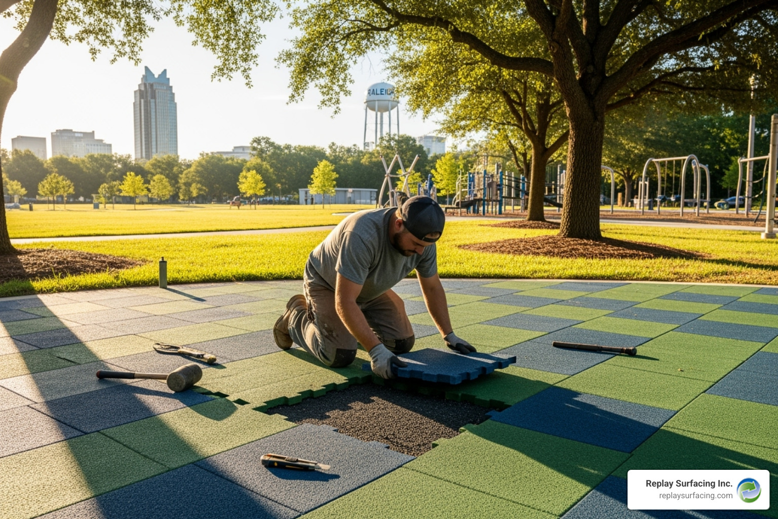 DIY installation of interlocking rubber tiles in a Raleigh NC playground - playground rubber mats Nashville TN DIY installation of interlocking rubber tiles in a Raleigh NC playground - playground rubber mats Nashville TN