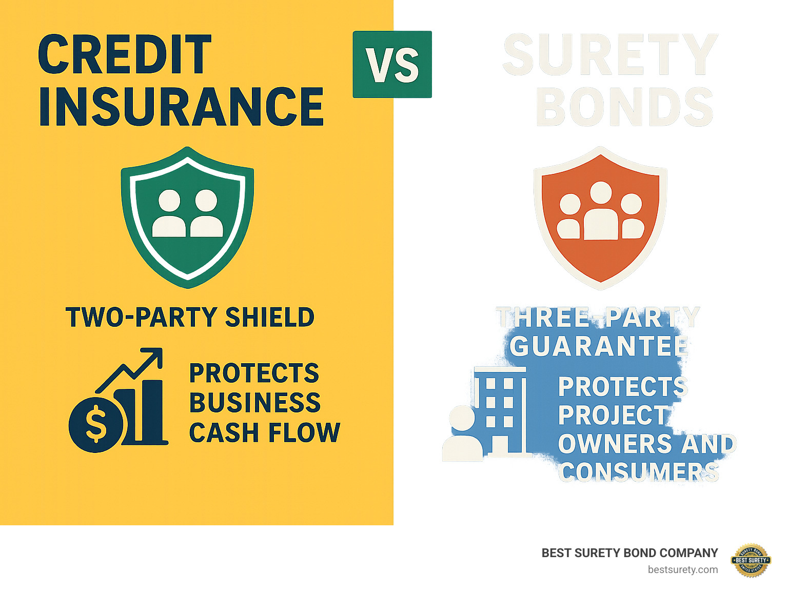 Detailed comparison infographic showing credit insurance as a two-party shield protecting business cash flow versus surety bonds as a three-party guarantee protecting project owners and consumers - credit insurance vs surety infographic 