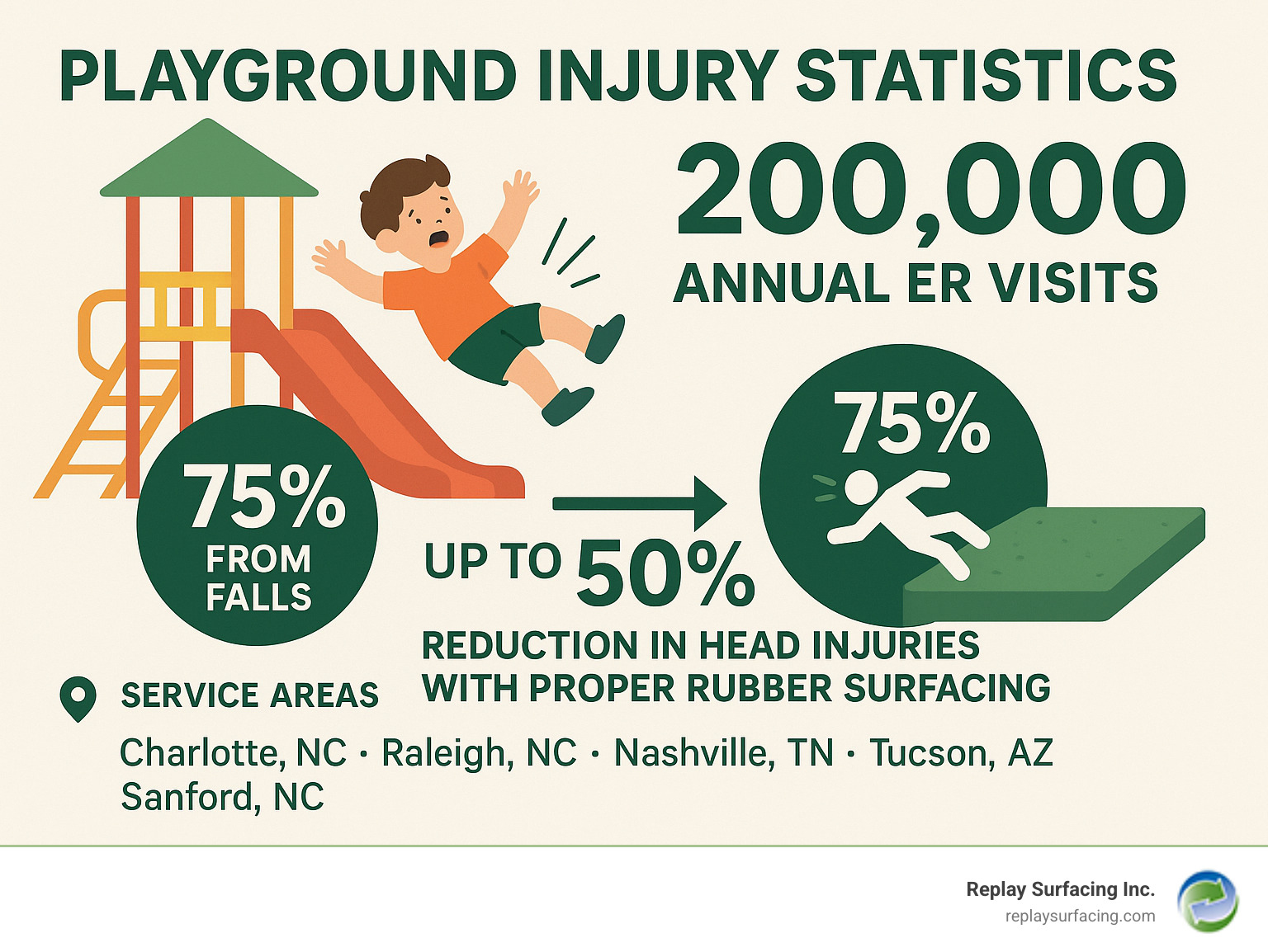 Infographic showing playground injury statistics with 200,000 annual ER visits, 75% from falls, and how proper rubber surfacing reduces head injuries by up to 50% in service areas including Charlotte NC, Raleigh NC, Nashville TN, Tucson AZ, and Sanford NC - playground rubber mats Nashville TN infographic  Infographic showing playground injury statistics with 200,000 annual ER visits, 75% from falls, and how proper rubber surfacing reduces head injuries by up to 50% in service areas including Charlotte NC, Raleigh NC, Nashville TN, Tucson AZ, and Sanford NC - playground rubber mats Nashville TN infographic